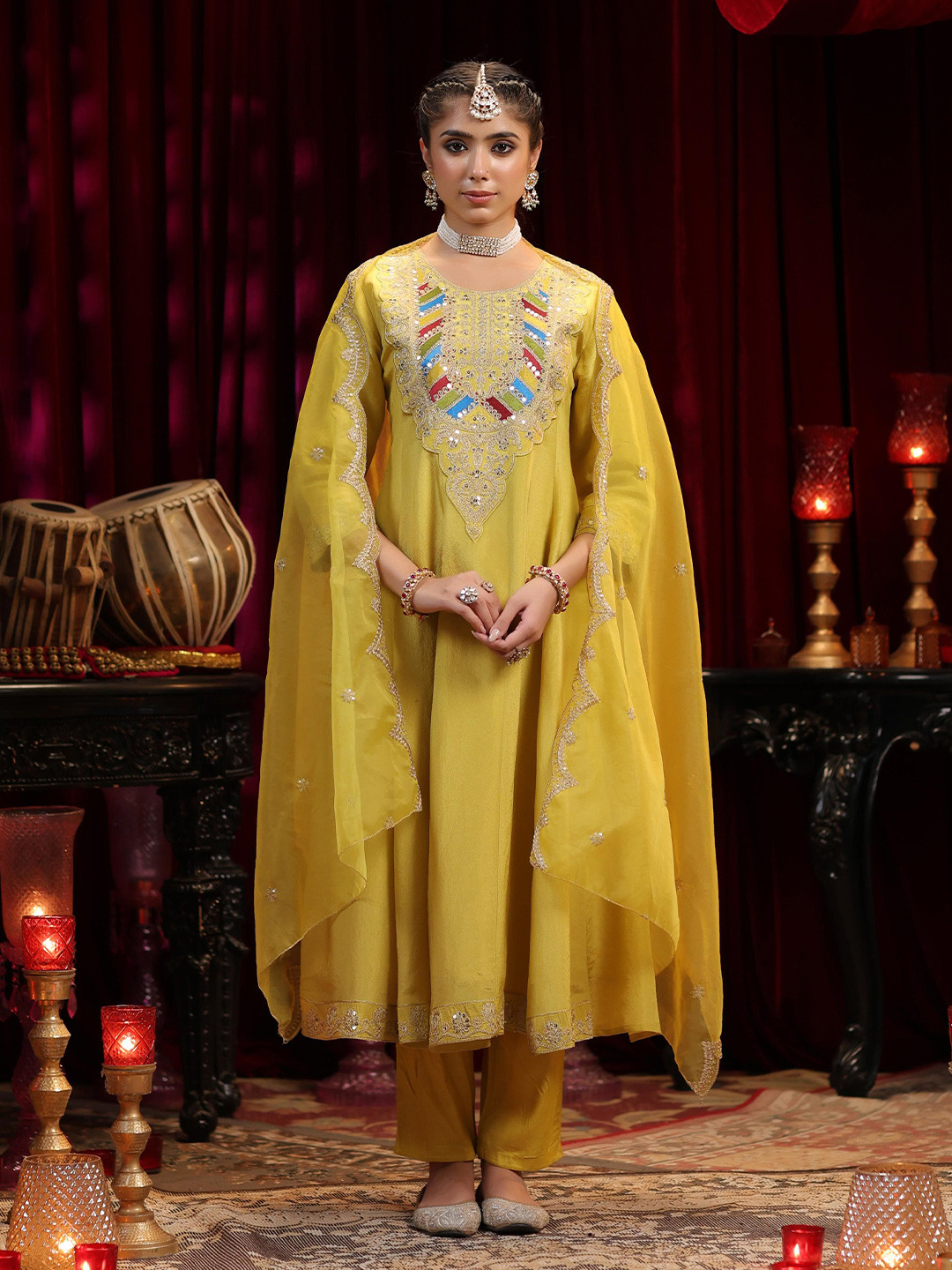 SCAKHI Ethnic Motifs Embroidered Panelled Sequinned Anarkali Kurta with Trousers & Dupatta, Lime green
SCAKHI Ethnic Motifs Embroidered Panelled Sequinned Anarkali Kurta with Trousers & Dupatta, Lime green