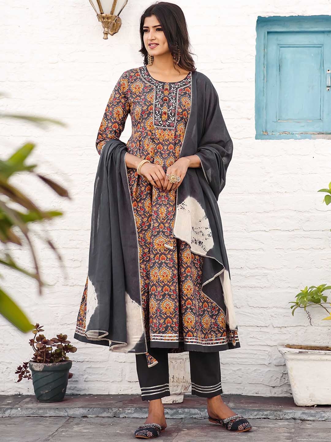 Rajnandini Printed Thread Work Pure Cotton Anarkali Kurta with Trousers & Dupatta, Grey
Rajnandini Printed Thread Work Pure Cotton Anarkali Kurta with Trousers & Dupatta, Grey
