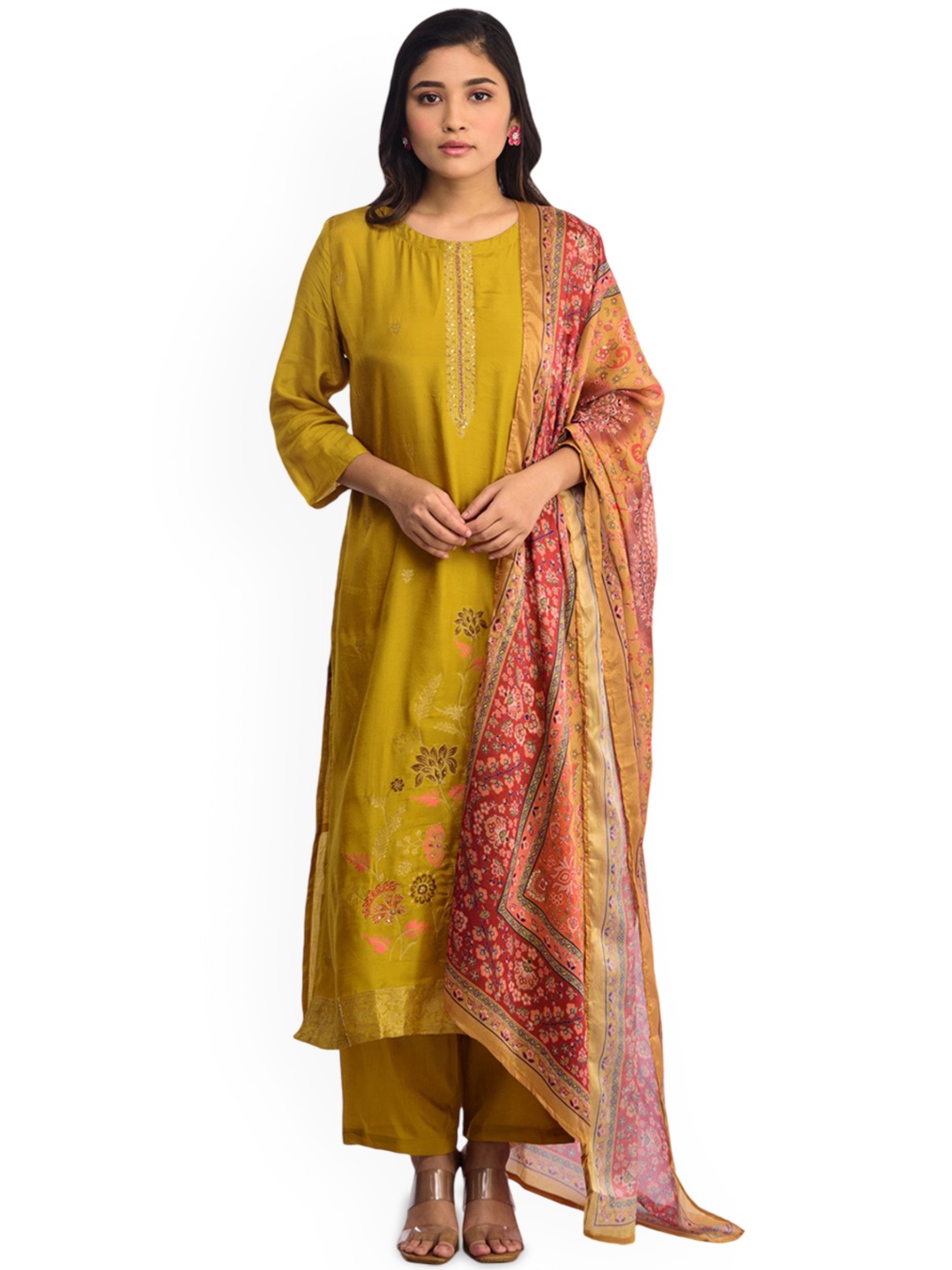 ISHKIYA Women Floral Embroidered Regular Kurta with Trousers & With Dupatta, Mustard
ISHKIYA Women Floral Embroidered Regular Kurta with Trousers & With Dupatta, Mustard