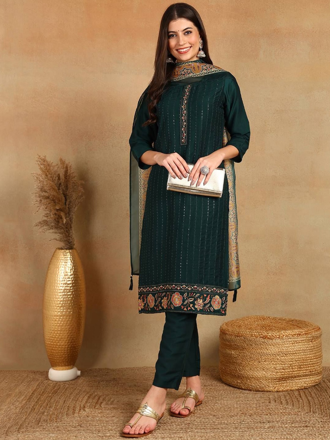 AHIKA Striped Embroidered Regular Sequinned Straight Kurta with Trousers & Dupatta, Green
AHIKA Striped Embroidered Regular Sequinned Straight Kurta with Trousers & Dupatta, Green