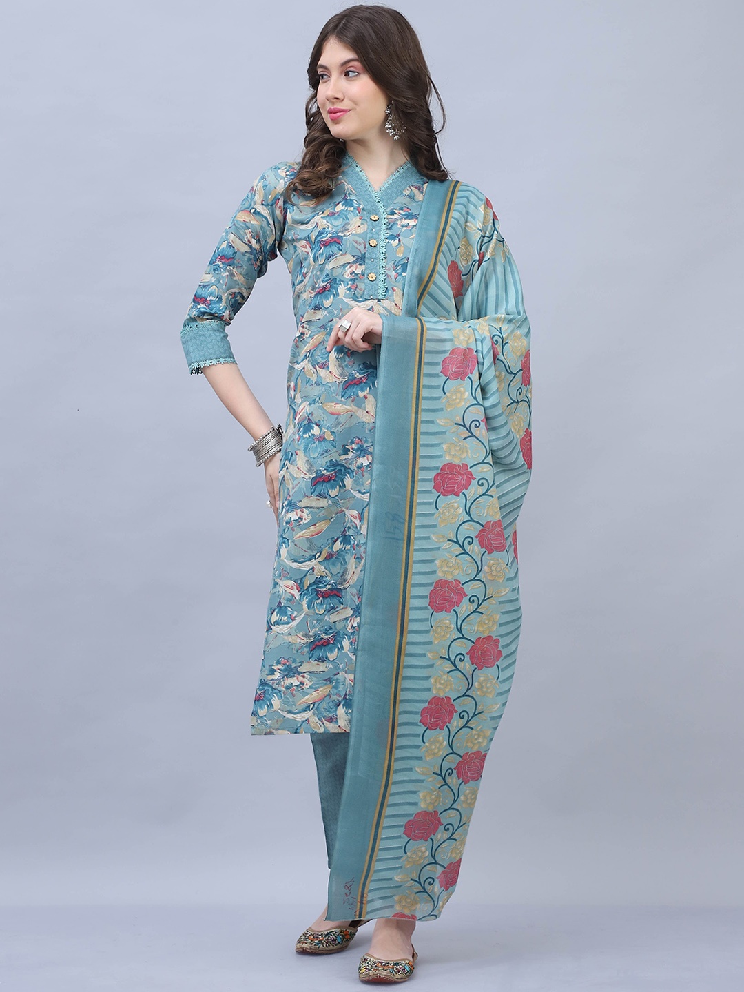 Roly Poly Floral Printed V-Neck Straight Kurta With Trouser & Dupatta, Turquoise blue
Roly Poly Floral Printed V-Neck Straight Kurta With Trouser & Dupatta, Turquoise blue