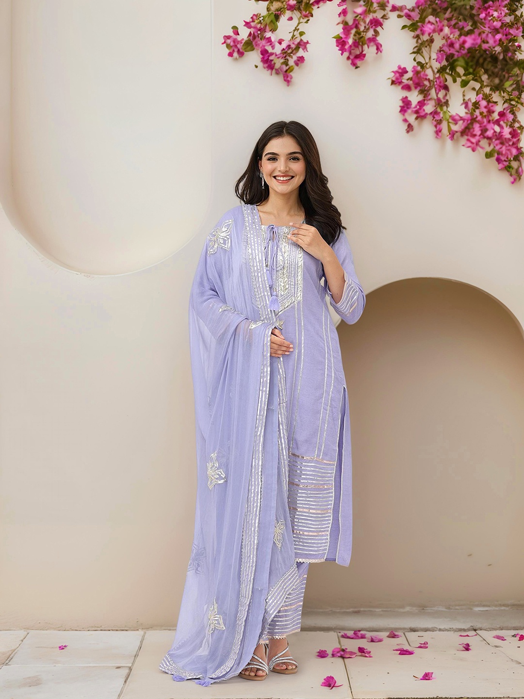 Ishin Ethnic Motifs Embroidered Pure Cotton Gotta Patti Kurta with Trousers & Dupatta, Lavender
Ishin Ethnic Motifs Embroidered Pure Cotton Gotta Patti Kurta with Trousers & Dupatta, Lavender