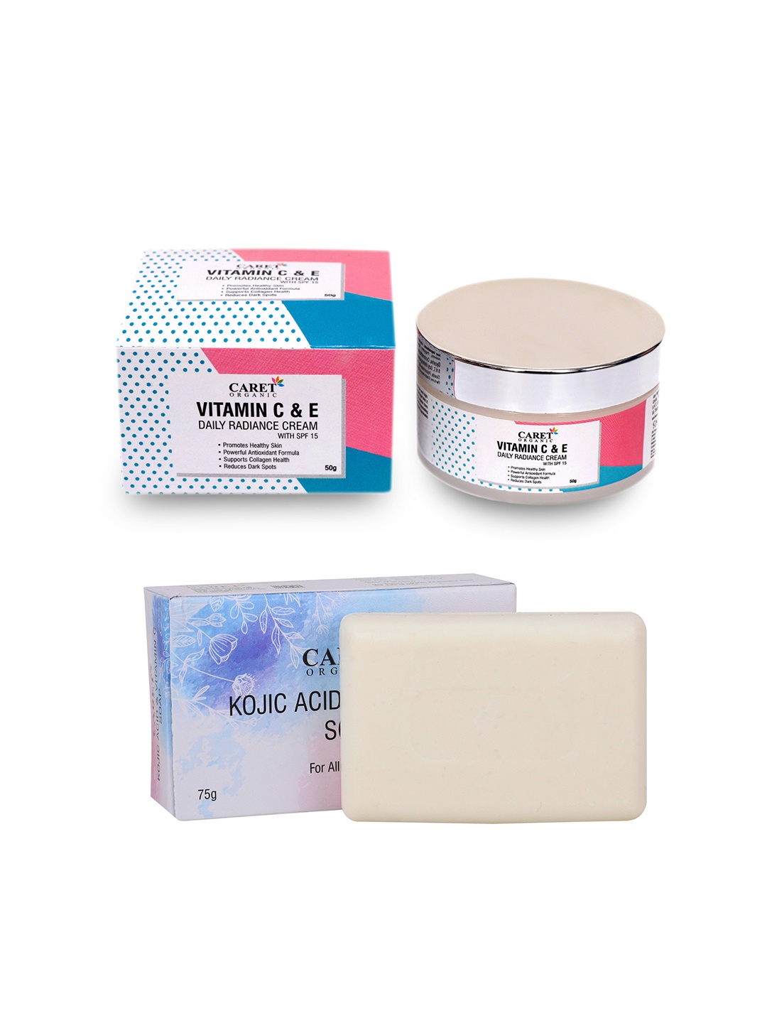 CARET ORGANIC Vitamin C & E Daily Radiance Cream 50 g With Kojic Acid Soap 75 g, White
CARET ORGANIC Vitamin C & E Daily Radiance Cream 50 g With Kojic Acid Soap 75 g, White