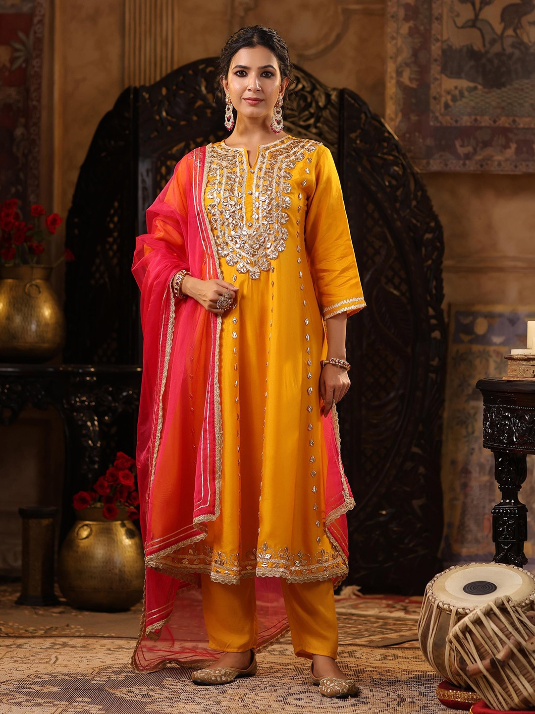 SCAKHI Ethnic Motifs Embroidered Gotta Patti Dupion Silk Kurta With Trousers & Dupatta, Mustard
SCAKHI Ethnic Motifs Embroidered Gotta Patti Dupion Silk Kurta With Trousers & Dupatta, Mustard
