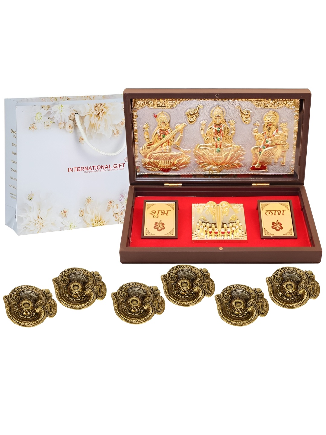 INTERNATIONAL GIFT Gold-Toned Metal Laxmi Ganesh Saraswati Charan Paduka With 6 Diya
INTERNATIONAL GIFT Gold-Toned Metal Laxmi Ganesh Saraswati Charan Paduka With 6 Diya