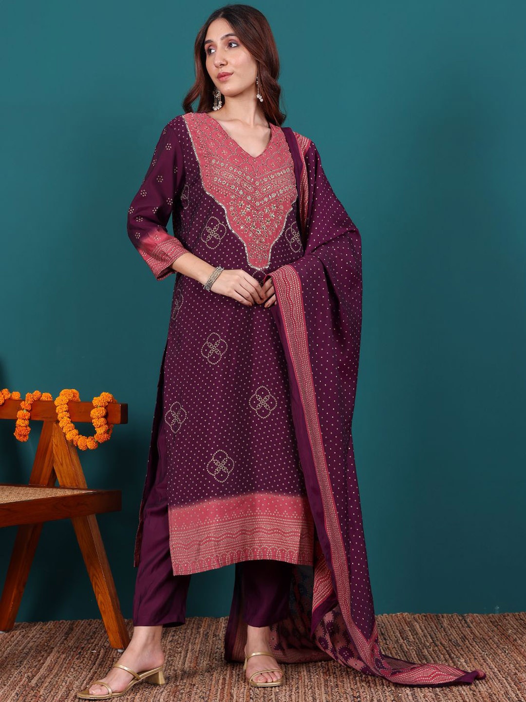 Chowkhat Bandhani Printed Regular Pure Cotton Straight Kurta with Trousers & Dupatta, Purple
Chowkhat Bandhani Printed Regular Pure Cotton Straight Kurta with Trousers & Dupatta, Purple