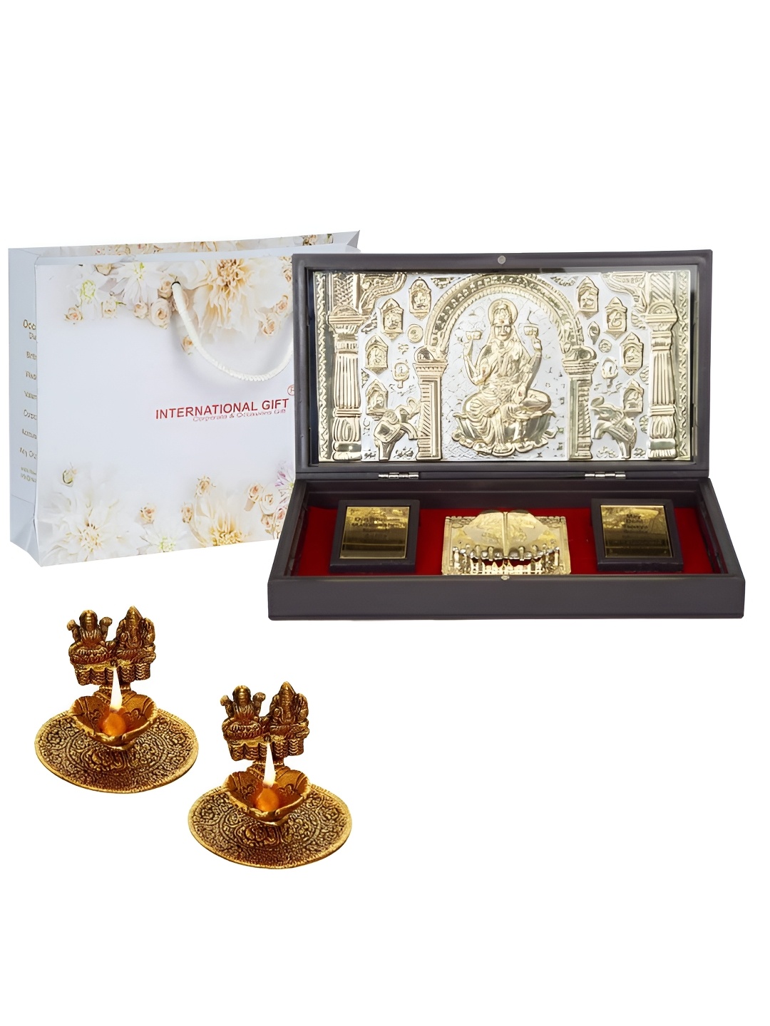 INTERNATIONAL GIFT Gold-Toned Mata Saraswati Charan Paduka Box with 2 Lakshmi Ganesh Diya
INTERNATIONAL GIFT Gold-Toned Mata Saraswati Charan Paduka Box with 2 Lakshmi Ganesh Diya