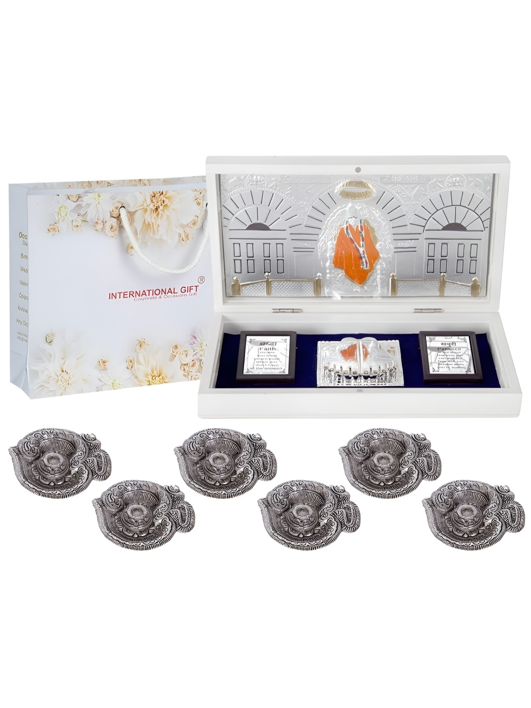 INTERNATIONAL GIFT Silver-Toned Religious Sai Baba Charan Paduka Showpiece with 6 Diya
INTERNATIONAL GIFT Silver-Toned Religious Sai Baba Charan Paduka Showpiece with 6 Diya