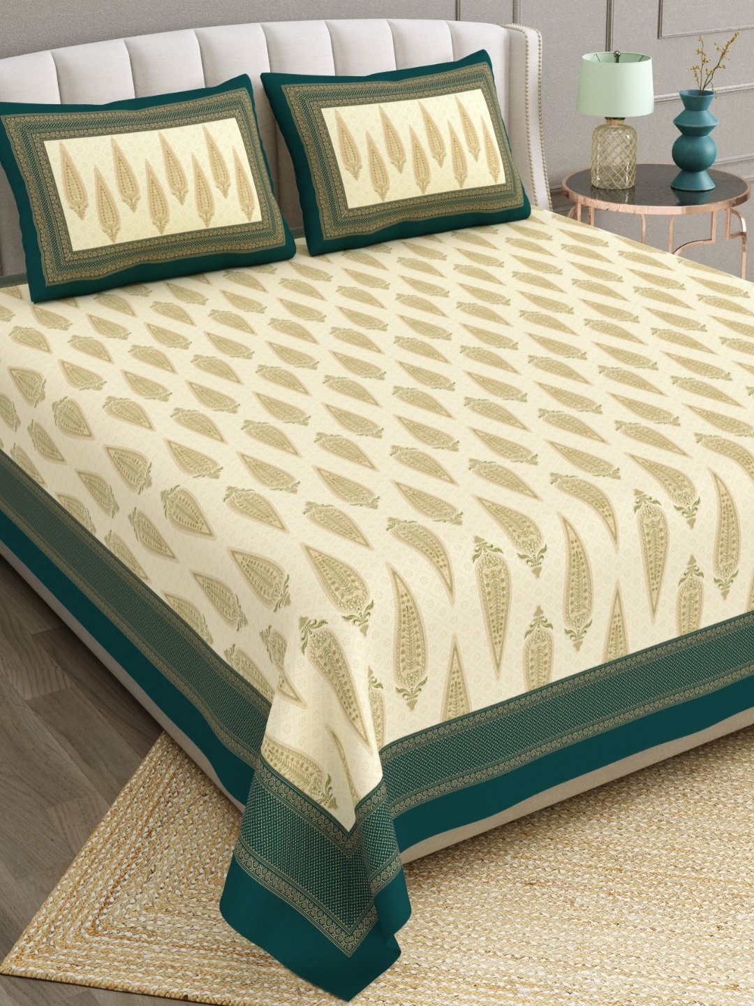 The Craft Monk Beige & Green Cotton Printed 240 TC King Bedsheet with 2 Pillow Covers
The Craft Monk Beige & Green Cotton Printed 240 TC King Bedsheet with 2 Pillow Covers