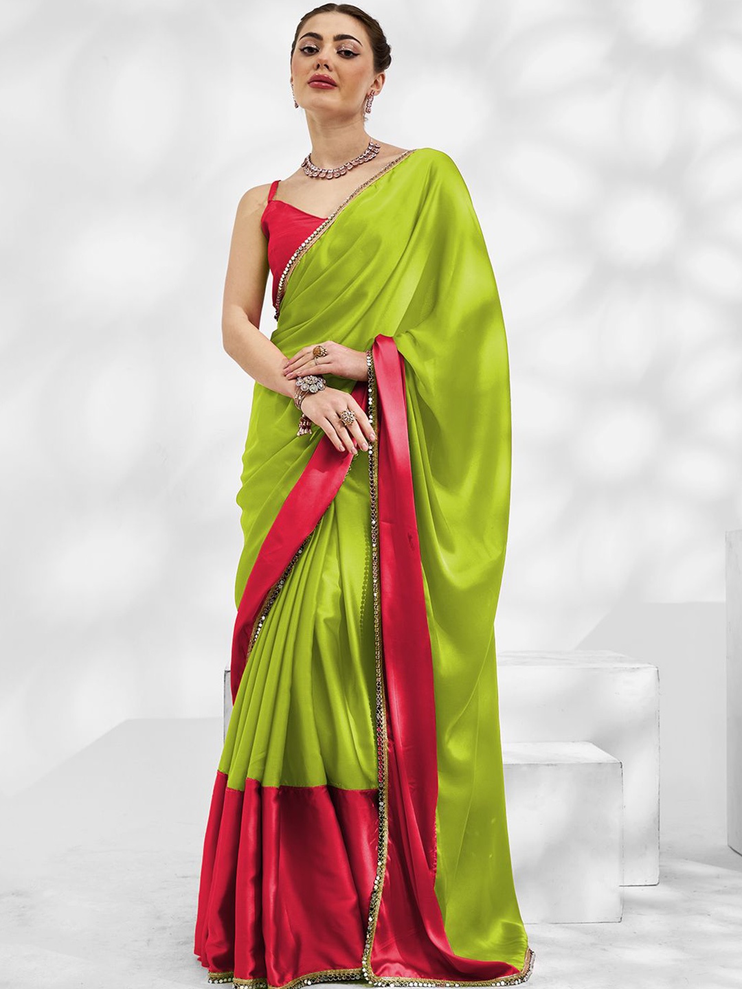 Kalista Colourblocked Mirror Work Pure Chiffon Ready to Wear Pure Chiffon Saree, Fluorescent green
Kalista Colourblocked Mirror Work Pure Chiffon Ready to Wear Pure Chiffon Saree, Fluorescent green