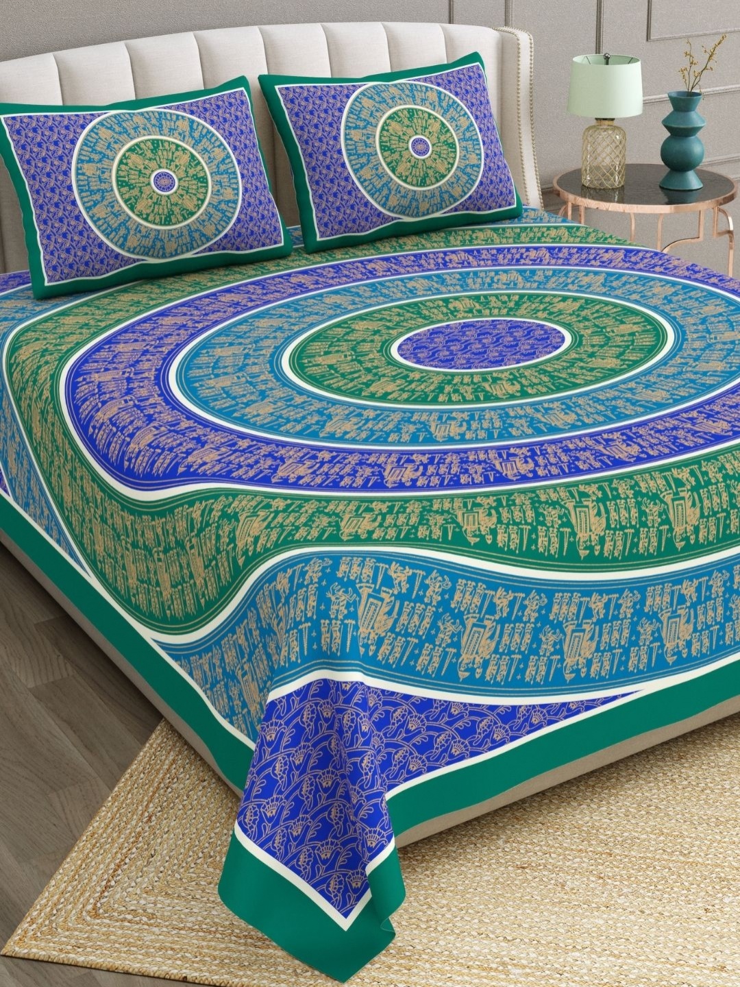 The Craft Monk Blue & Green Ethnic 240 TC Cotton Double King Bedsheet with 2 Pillow Covers
The Craft Monk Blue & Green Ethnic 240 TC Cotton Double King Bedsheet with 2 Pillow Covers
