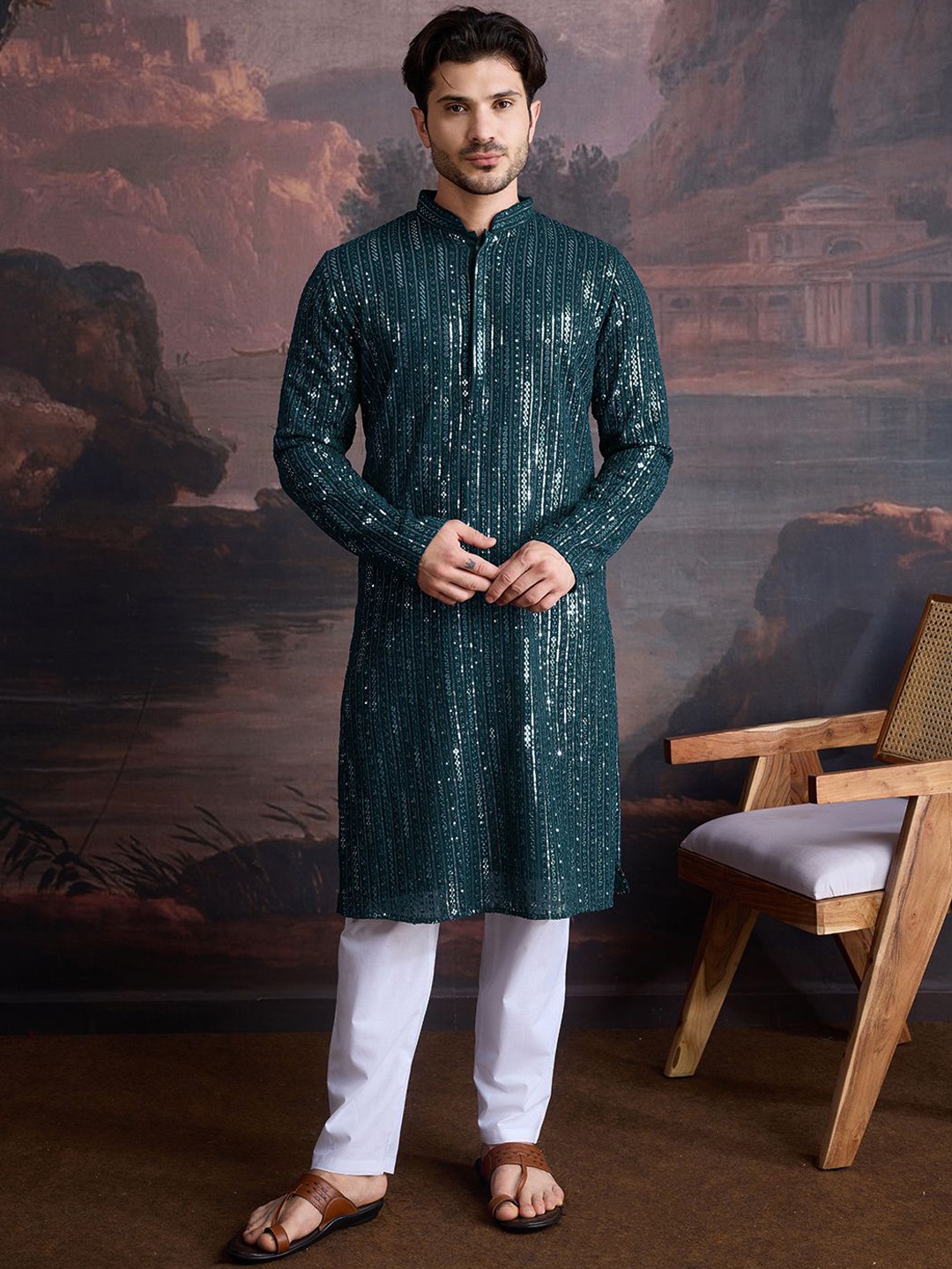 House of Pataudi Geometric Embroidered Sequinned Straight Kurta With Trousers, Green
House of Pataudi Geometric Embroidered Sequinned Straight Kurta With Trousers, Green