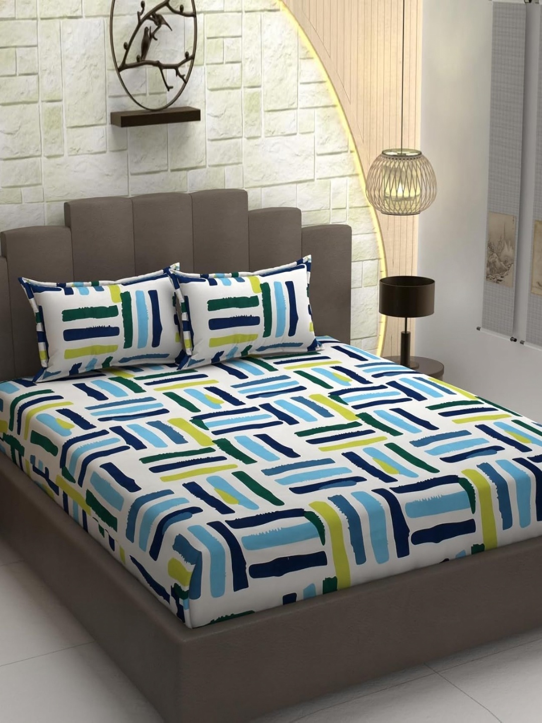 Banchmark Home Furnishings Blue Geometric 300 TC King Bedsheet With 2 Pillow Covers, White
Banchmark Home Furnishings Blue Geometric 300 TC King Bedsheet With 2 Pillow Covers, White