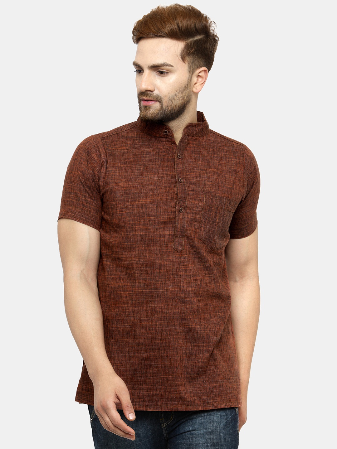 Enchanted Drapes Woven Design Band Collar Short Sleeves Regular Pure Cotton Straight Kurta, Rust
Enchanted Drapes Woven Design Band Collar Short Sleeves Regular Pure Cotton Straight Kurta, Rust