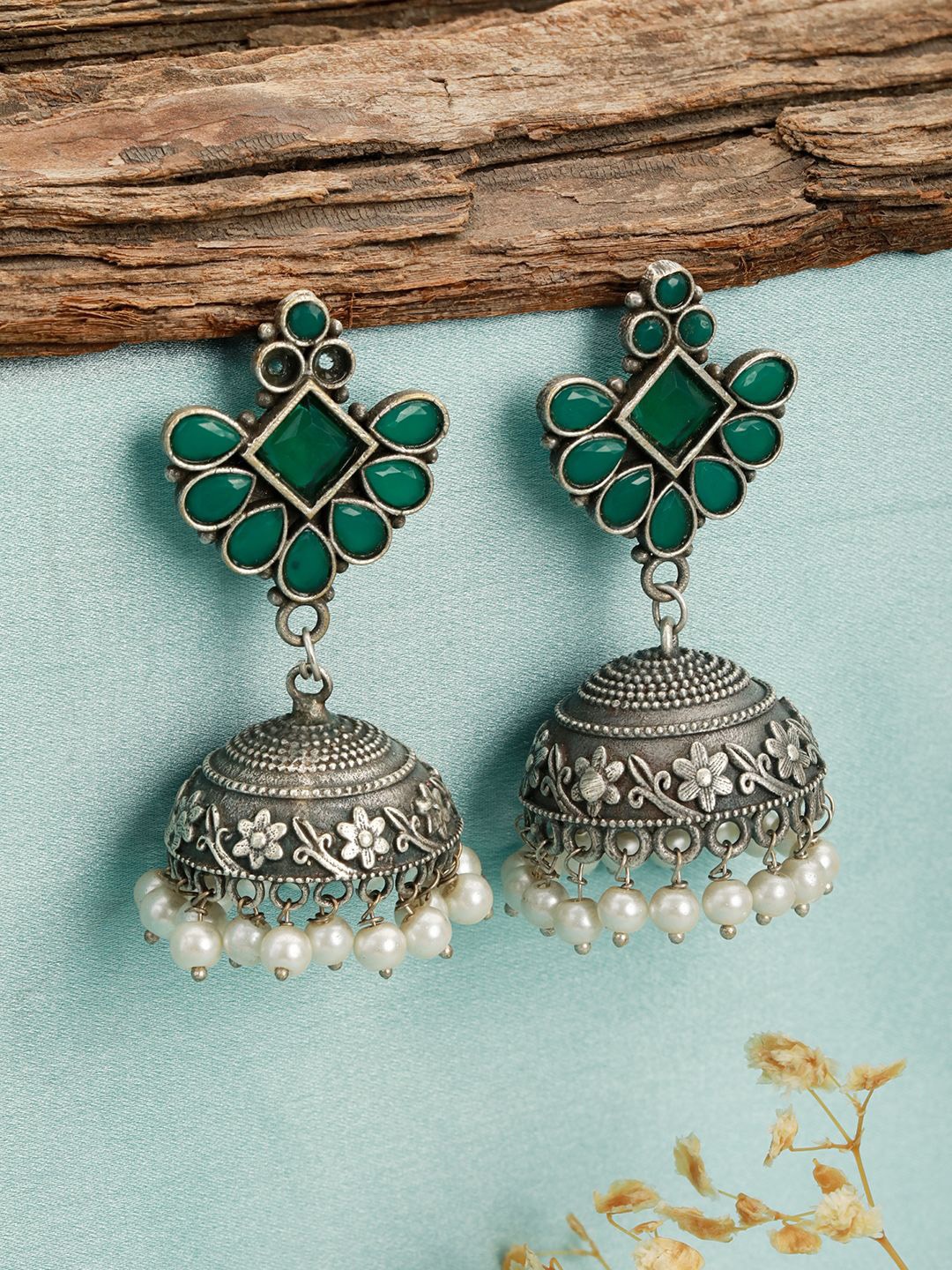 Jazz and Sizzle Silver-Plated Stone Studded & Pearl Beaded Oxidised Dome Shaped Jhumkas
Jazz and Sizzle Silver-Plated Stone Studded & Pearl Beaded Oxidised Dome Shaped Jhumkas