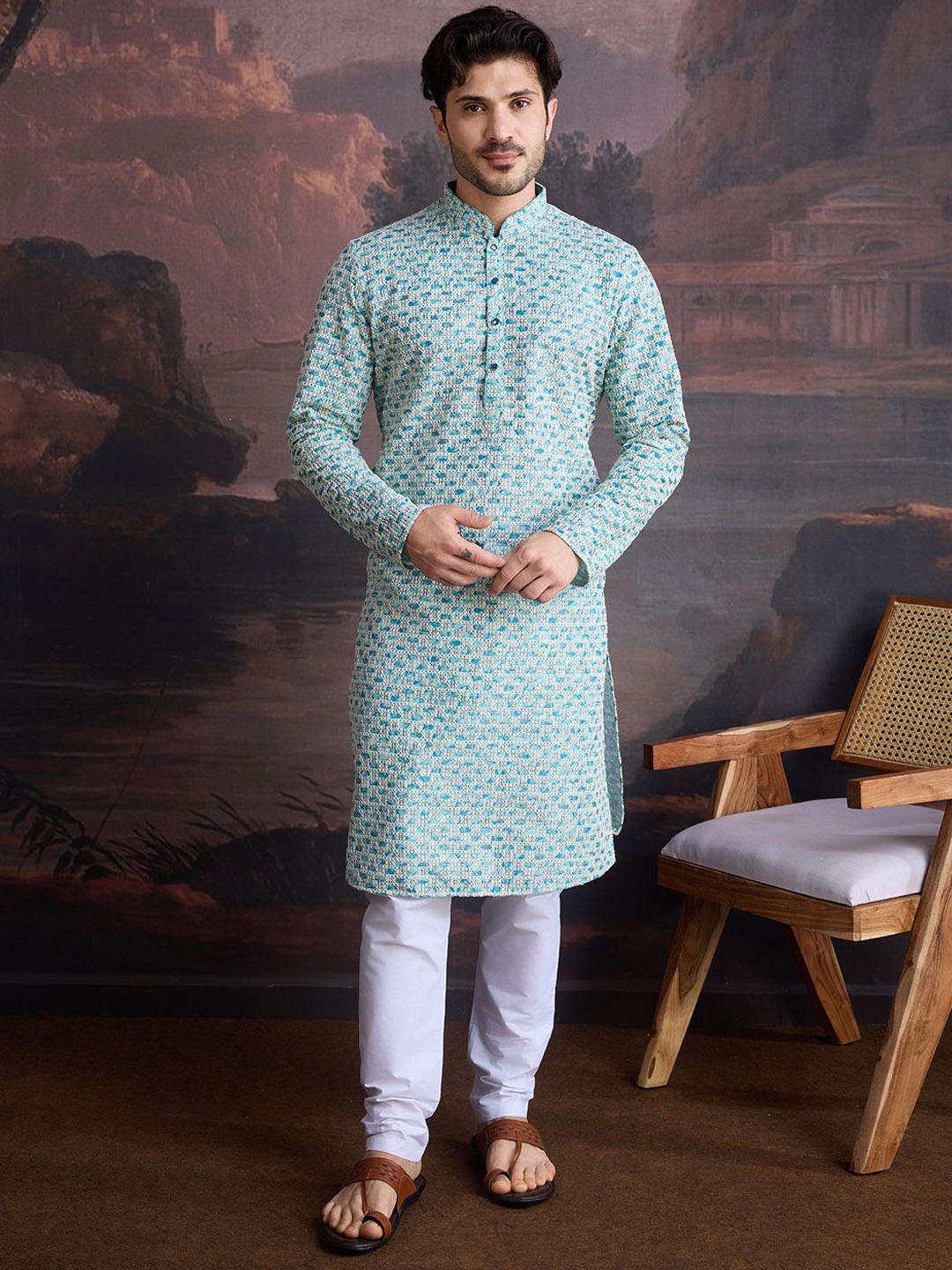 House of Pataudi Geometric Printed & Embroidered Sequinned Cotton Straight Kurta, Green
House of Pataudi Geometric Printed & Embroidered Sequinned Cotton Straight Kurta, Green