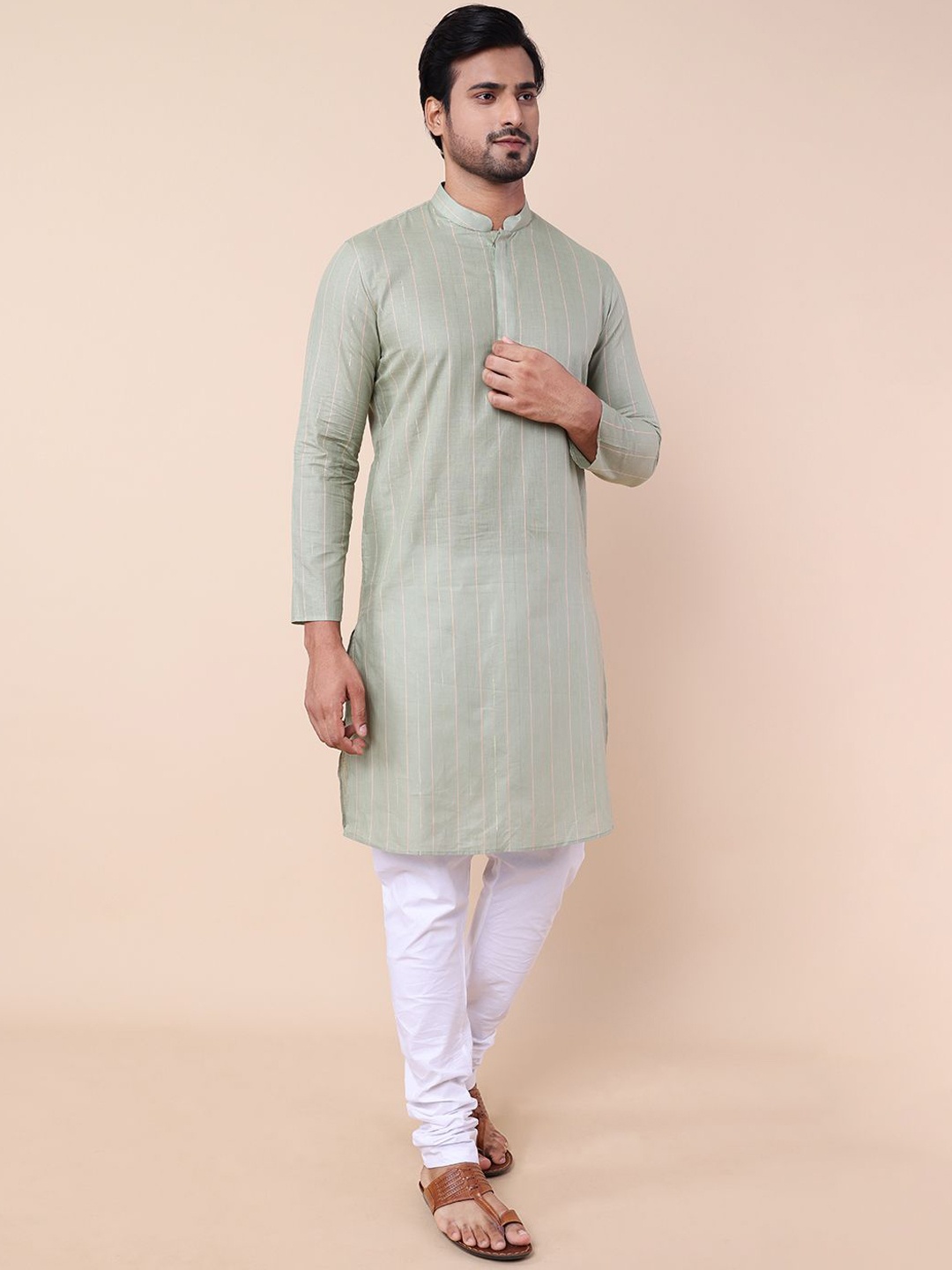 NAMASKAR Striped Mandarin Collar Pure Cotton Straight Kurta with Churidar, Sea green
NAMASKAR Striped Mandarin Collar Pure Cotton Straight Kurta with Churidar, Sea green