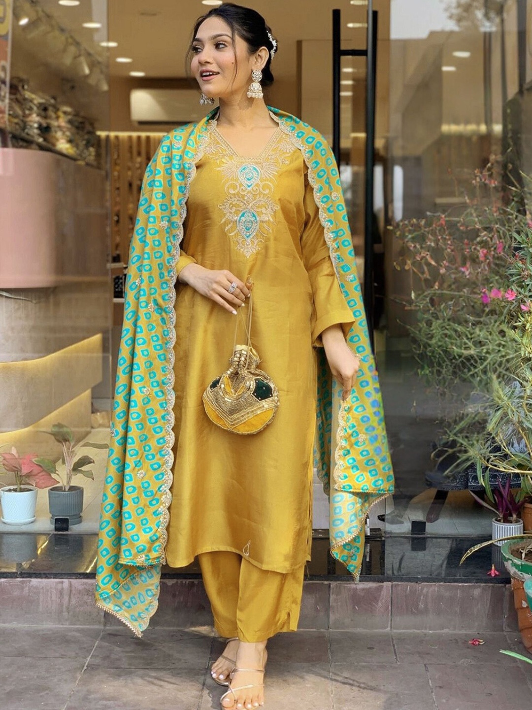 KALINI Floral Yoke Design Pure Silk Kurta With Trousers & Dupatta, Mustard
KALINI Floral Yoke Design Pure Silk Kurta With Trousers & Dupatta, Mustard