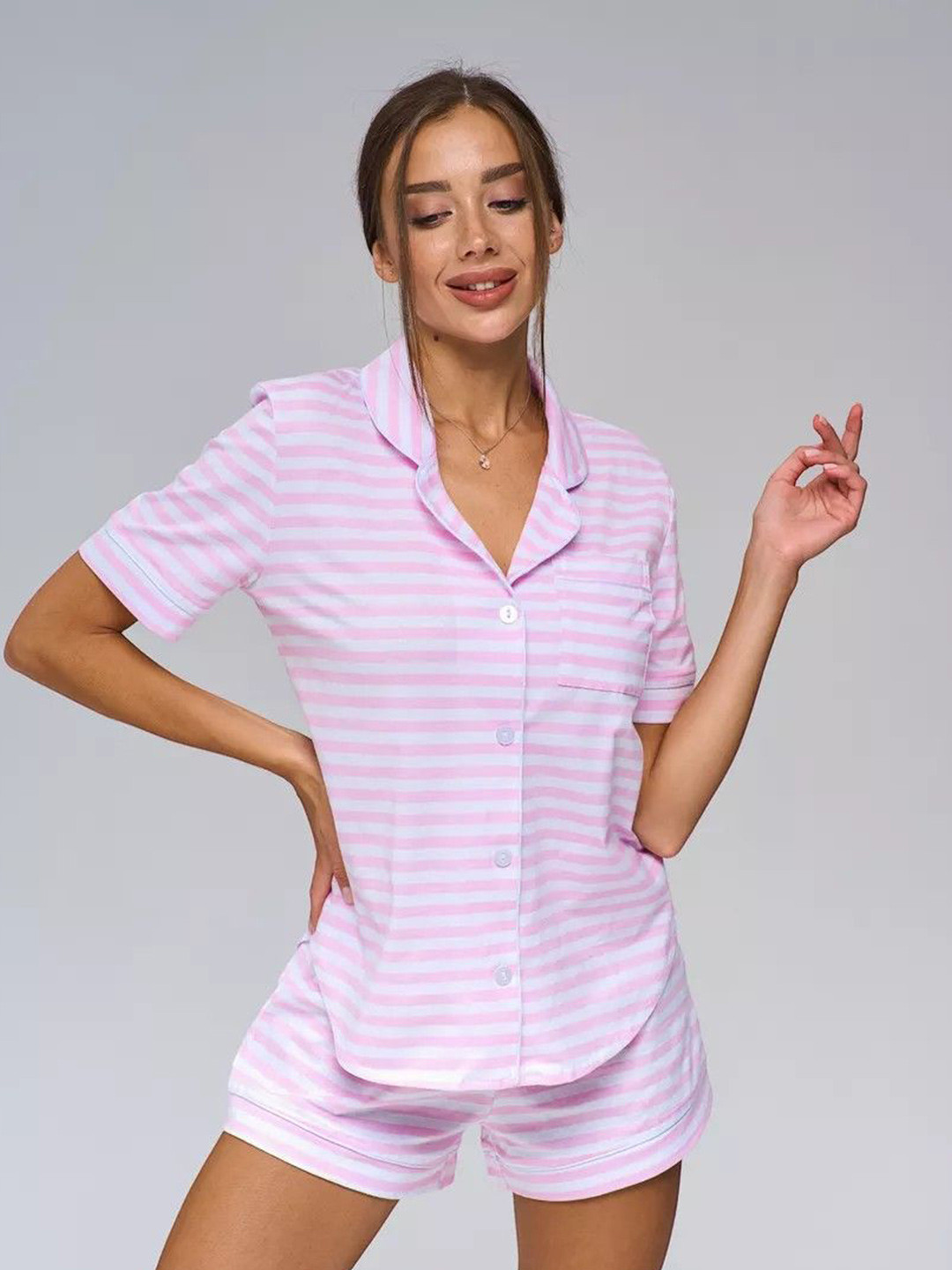 Bella Babe by SK Women Striped Pure Cotton Night suit, Pink 
Bella Babe by SK Women Striped Pure Cotton Night suit, Pink