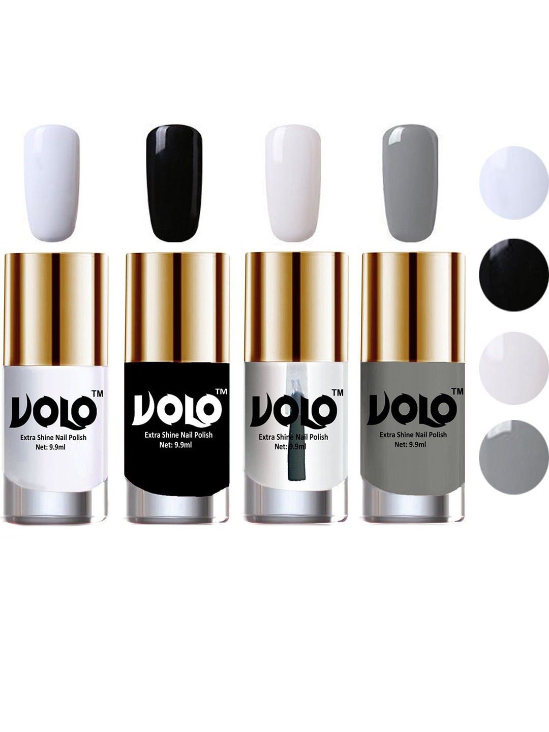 VOLO Set Of 4 Extra Shine Nail Polish 9.9 ml Each-Matte White-Top Coat-Black-Grey, Transparent
VOLO Set Of 4 Extra Shine Nail Polish 9.9 ml Each-Matte White-Top Coat-Black-Grey, Transparent