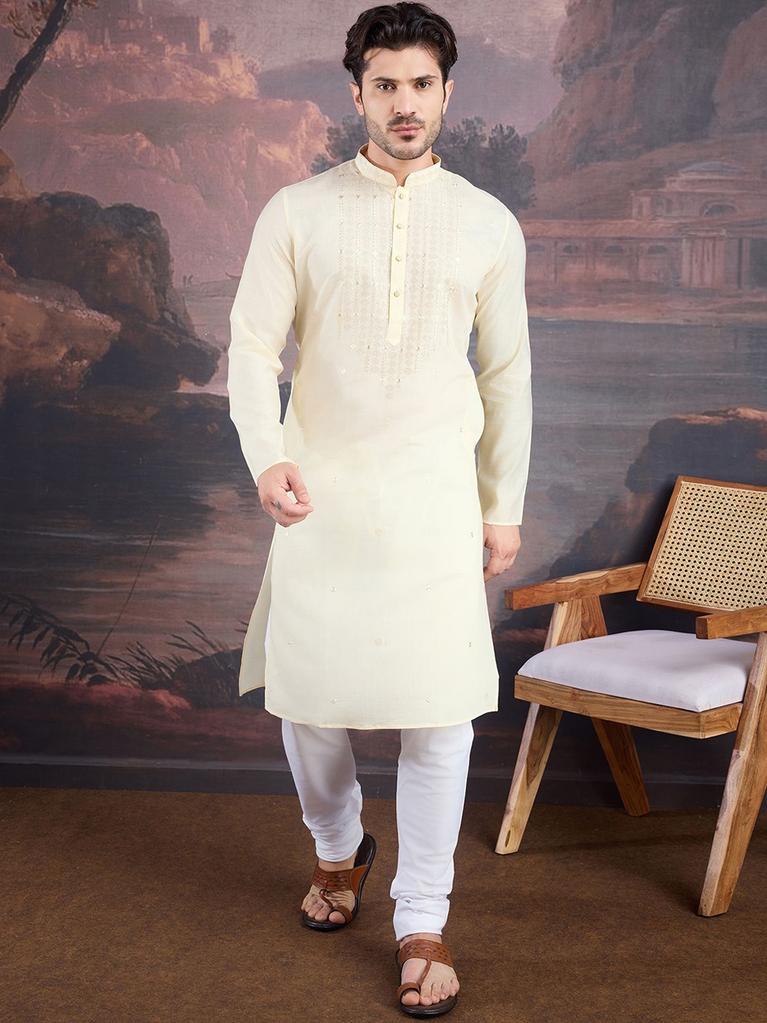 House of Pataudi Geometric Embroidered Sequinned Mandarin Collar Straight Kurta, Cream
House of Pataudi Geometric Embroidered Sequinned Mandarin Collar Straight Kurta, Cream