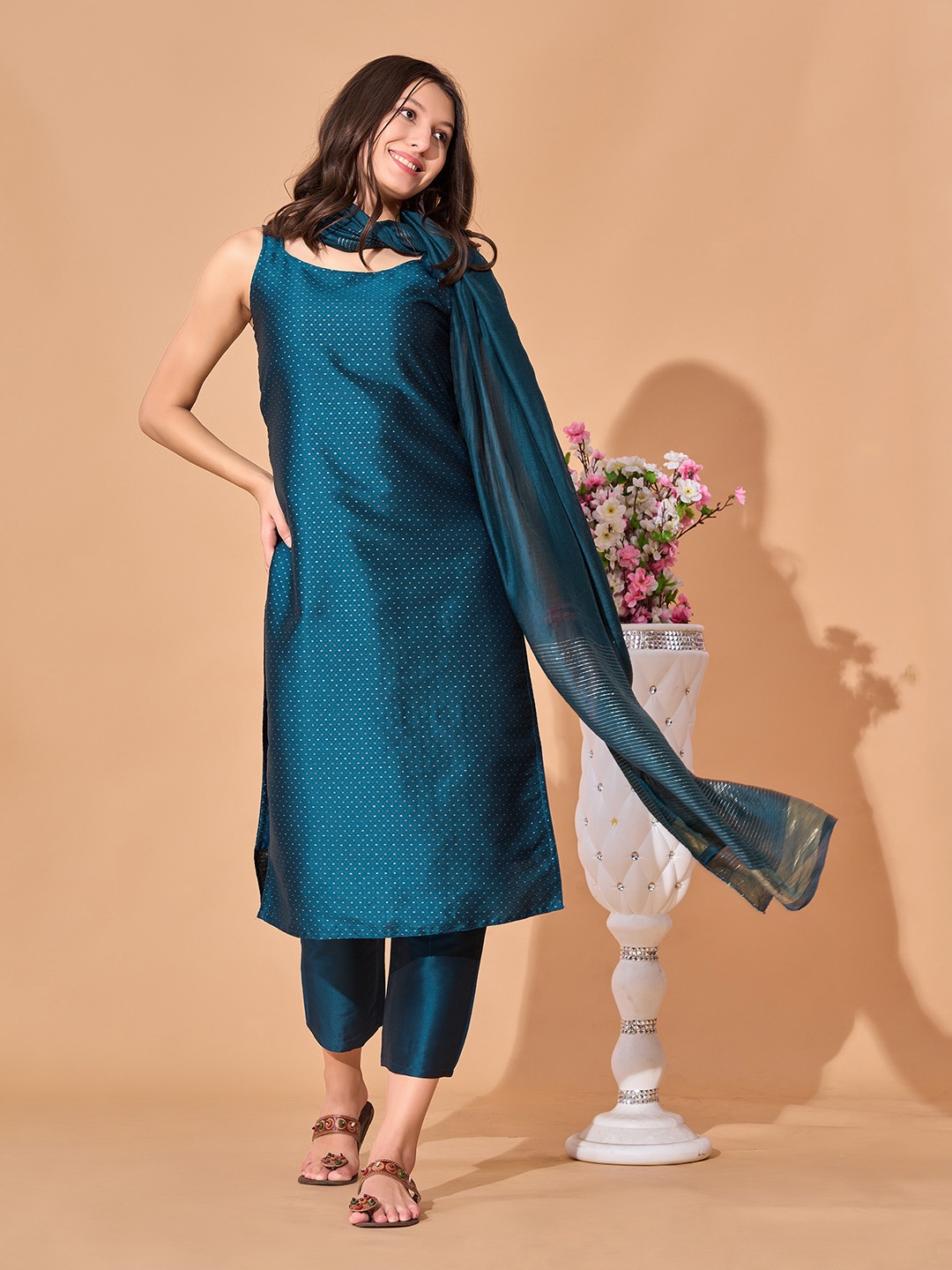 KALINI Women Ethnic Motifs Regular Kurta with Trousers & With Dupatta, Teal
KALINI Women Ethnic Motifs Regular Kurta with Trousers & With Dupatta, Teal