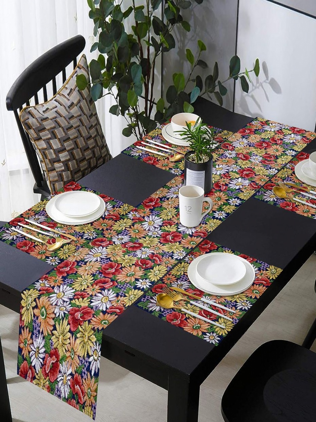 PRAKARTIK Set of 5 Navy Blue & Green Floral Dining Table Mats With Runner, Multi
PRAKARTIK Set of 5 Navy Blue & Green Floral Dining Table Mats With Runner, Multi