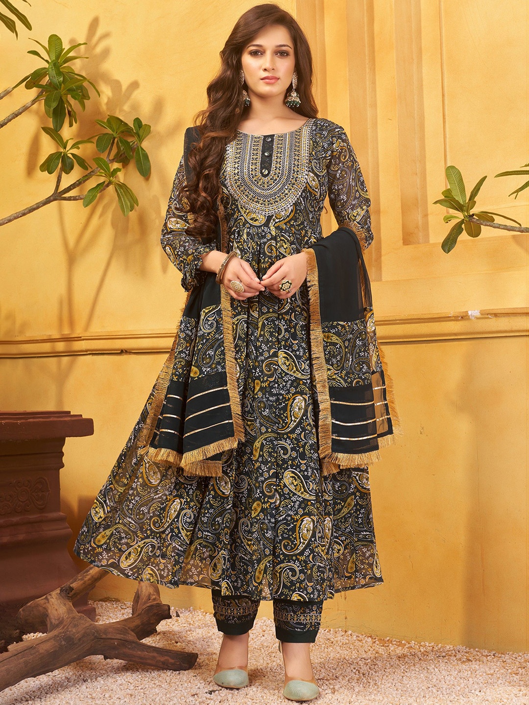 KALINI Paisley Printed Pleated Thread Work Anarkali Kurta With Trousers & Dupatta, Green
KALINI Paisley Printed Pleated Thread Work Anarkali Kurta With Trousers & Dupatta, Green