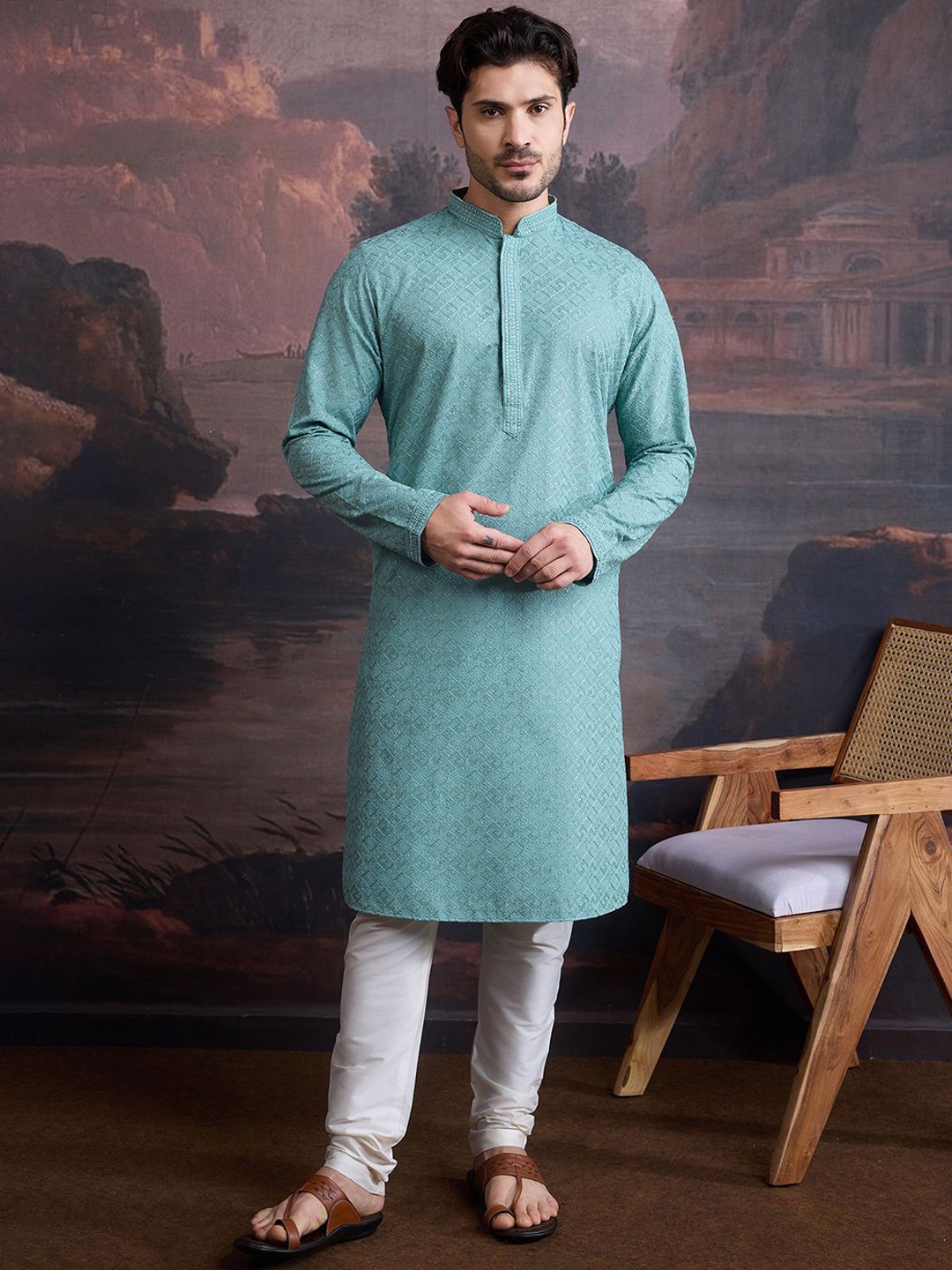 House of Pataudi Geometric Embroidered Chikankari & Sequinned Cotton Straight Kurta, Green
House of Pataudi Geometric Embroidered Chikankari & Sequinned Cotton Straight Kurta, Green