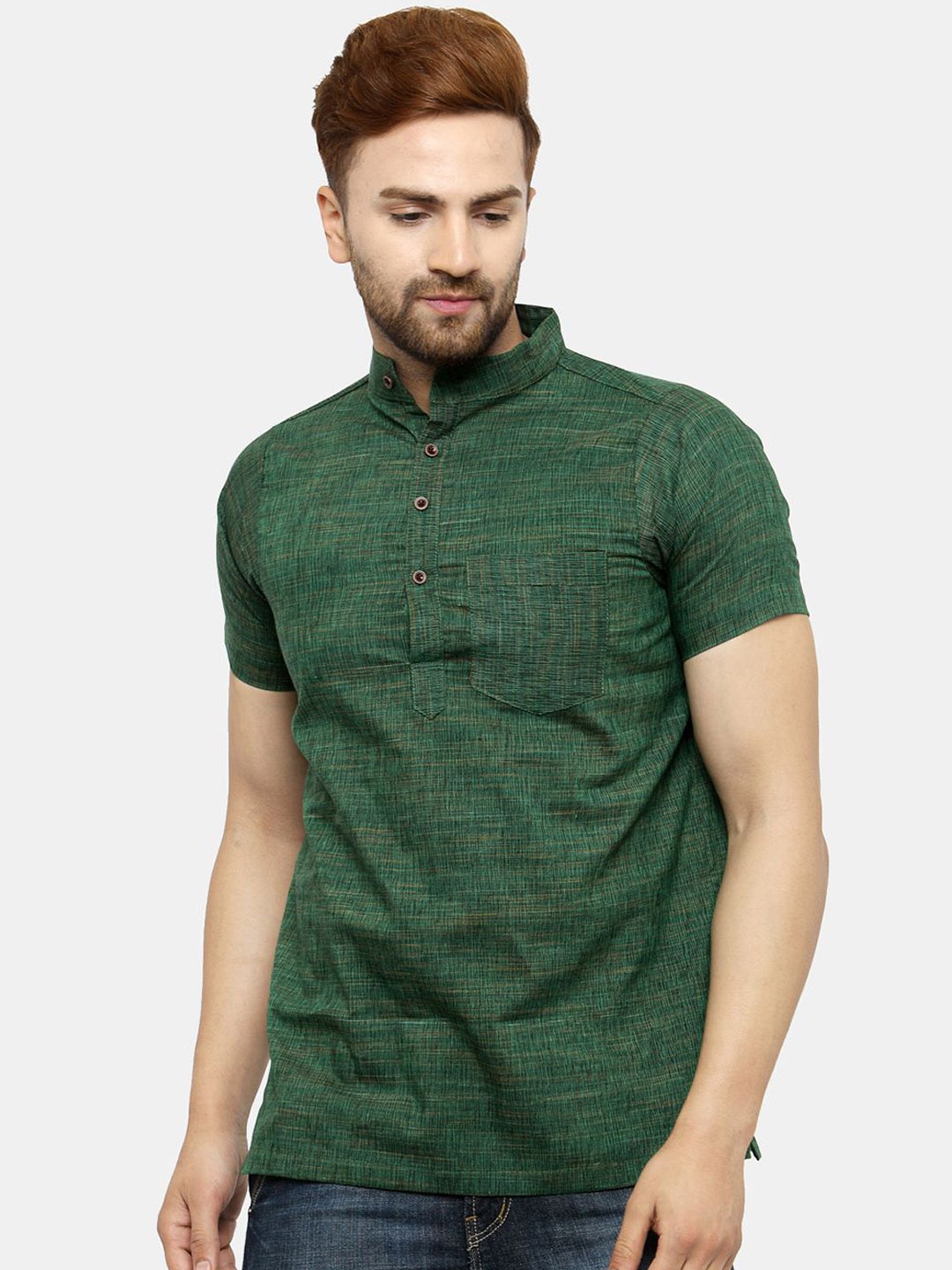 Enchanted Drapes Woven Design Band Collar Neck Short Sleeves Pure Cotton Kurta, Green
Enchanted Drapes Woven Design Band Collar Neck Short Sleeves Pure Cotton Kurta, Green