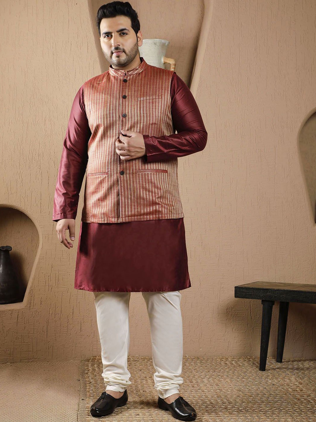 Sztori Plus Size Mandarin Collar Straight Kurta with Churidar & Nehru Jacket, Maroon
Sztori Plus Size Mandarin Collar Straight Kurta with Churidar & Nehru Jacket, Maroon