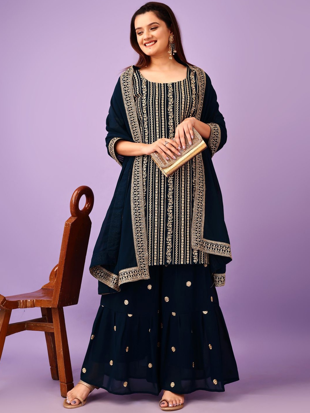 KALINI Floral Embroidered Georgette Straight Kurta with Sharara & Dupatta, Turquoise blue
KALINI Floral Embroidered Georgette Straight Kurta with Sharara & Dupatta, Turquoise blue