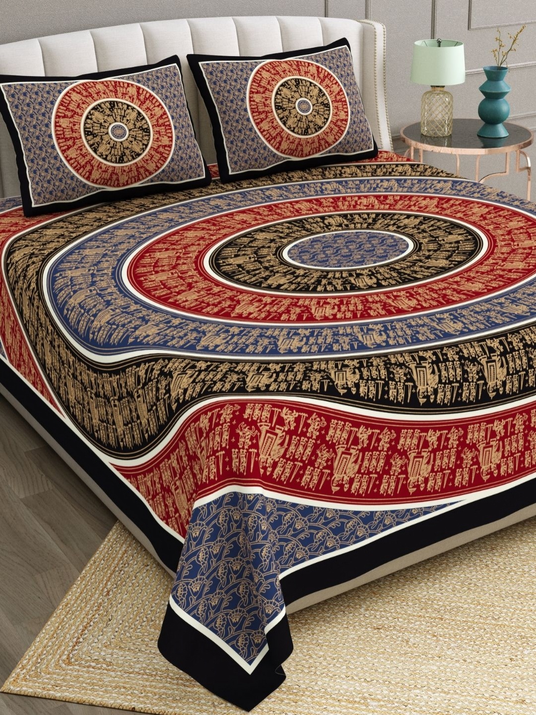 The Craft Monk Black & Blue Printed Cotton 240 TC King Bedsheet with 2 Pillow Covers
The Craft Monk Black & Blue Printed Cotton 240 TC King Bedsheet with 2 Pillow Covers