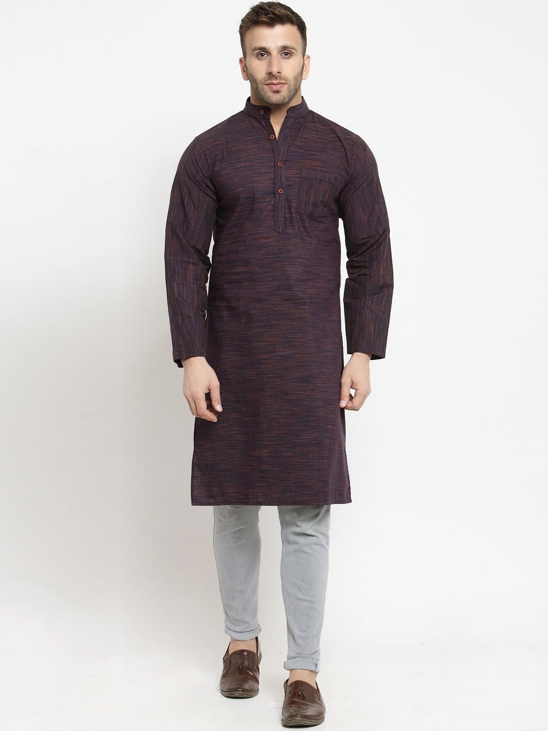 Enchanted Drapes Woven Design Band Collar Neck Long Sleeves Pure Cotton Kurta, Purple
Enchanted Drapes Woven Design Band Collar Neck Long Sleeves Pure Cotton Kurta, Purple