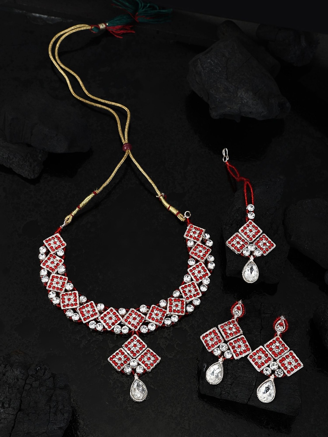 ANIKAS CREATION Sliver-Plated Stone-Studded & Beaded Necklace & Earrings With Maang Tika, Silver
ANIKAS CREATION Sliver-Plated Stone-Studded & Beaded Necklace & Earrings With Maang Tika, Silver