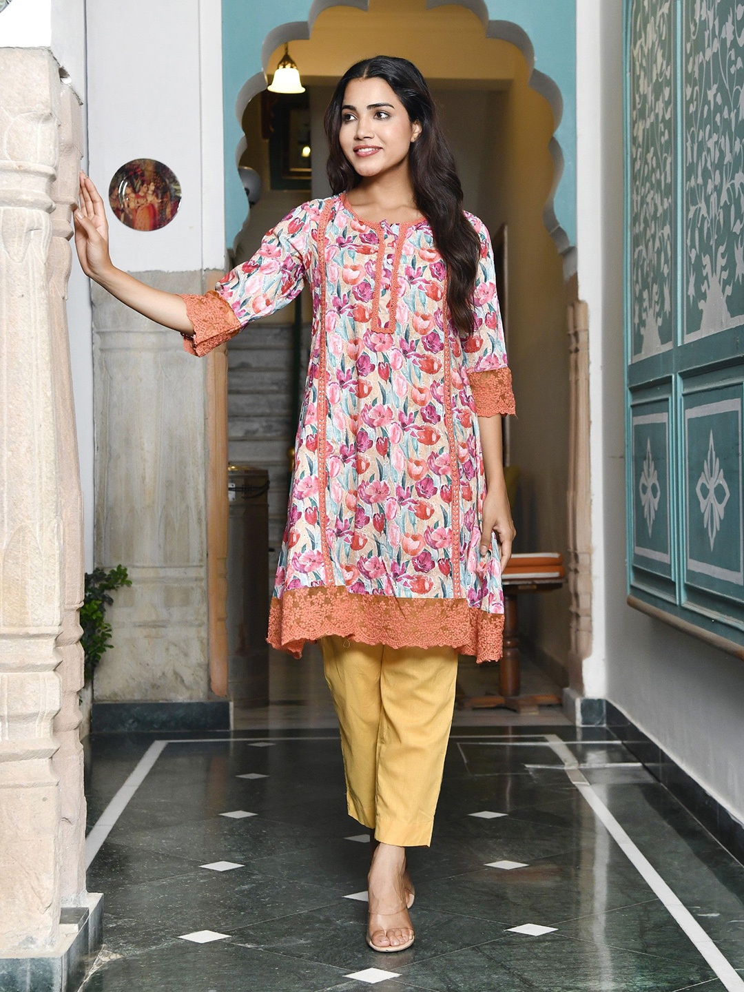 VAASVA JAIPUR Floral Printed Round Neck Cotton Blend Top With Trouser Set, Lime green
VAASVA JAIPUR Floral Printed Round Neck Cotton Blend Top With Trouser Set, Lime green