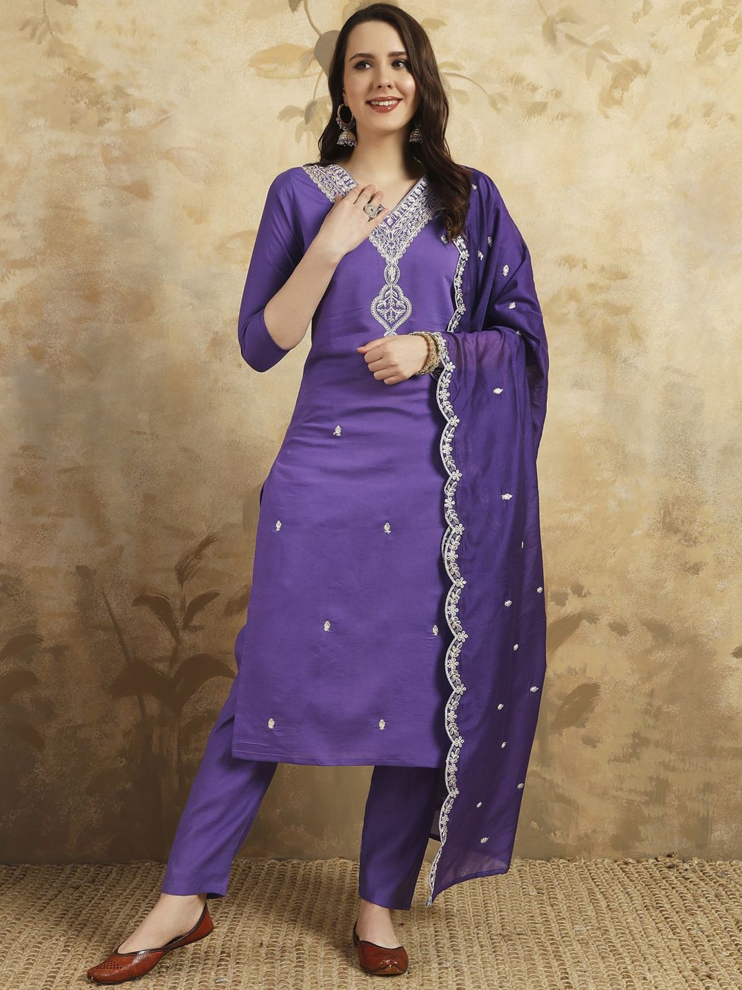 KALINI Ethnic Motifs Embroidered Chanderi Silk Straight Kurta With Trousers & Dupatta, Purple
KALINI Ethnic Motifs Embroidered Chanderi Silk Straight Kurta With Trousers & Dupatta, Purple