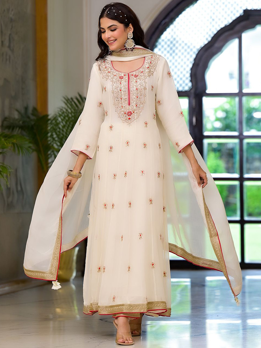 Chandbaali Floral Embroidered Anarkali Zardozi Georgette Kurta with Trousers & Dupatta, Off white
Chandbaali Floral Embroidered Anarkali Zardozi Georgette Kurta with Trousers & Dupatta, Off white