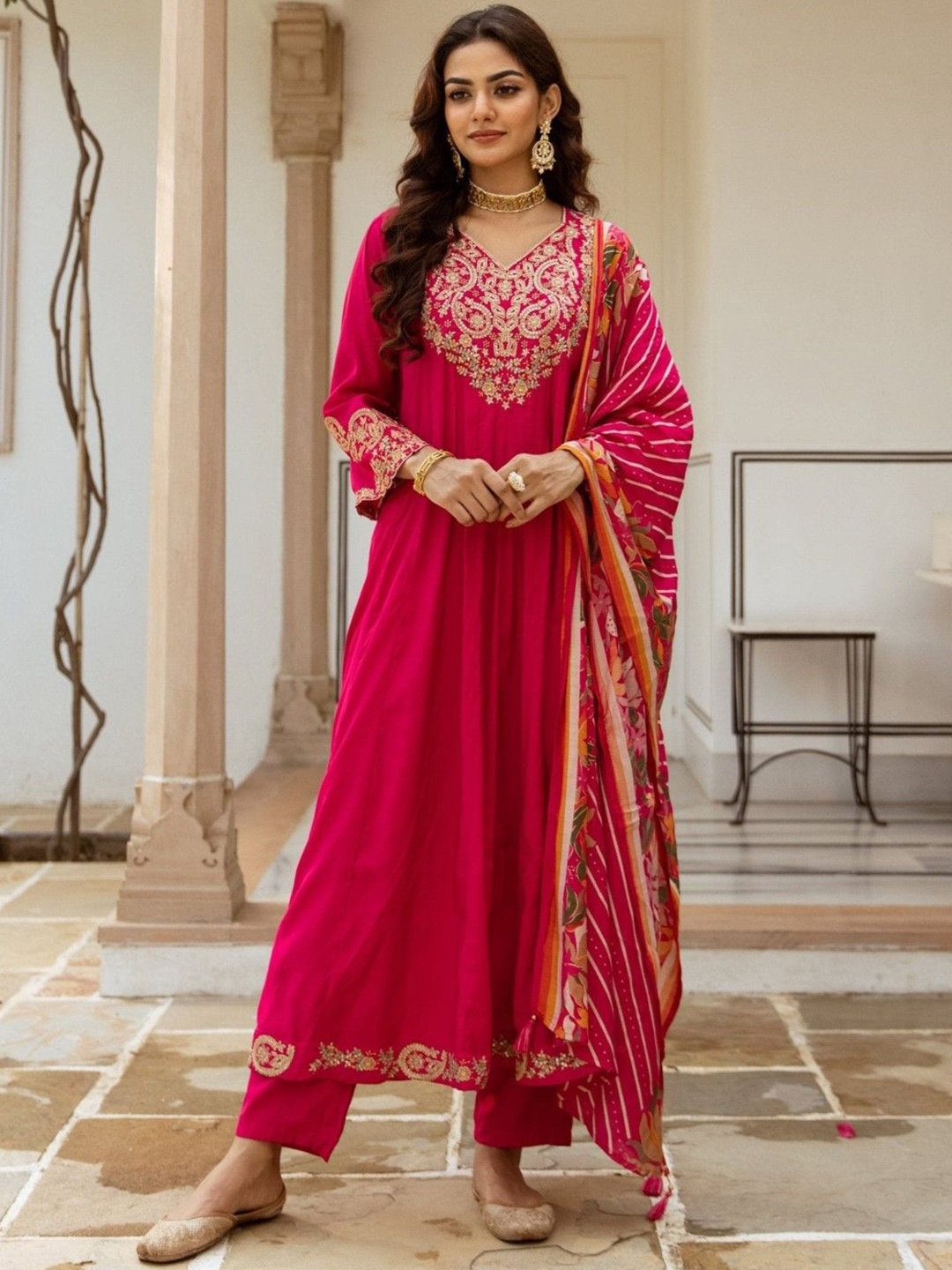 AUTUMN LANE Ethnic Motifs Embroidered V-Neck Cotton Anarkali Kurta with Trousers & Dupatta, Rose
AUTUMN LANE Ethnic Motifs Embroidered V-Neck Cotton Anarkali Kurta with Trousers & Dupatta, Rose