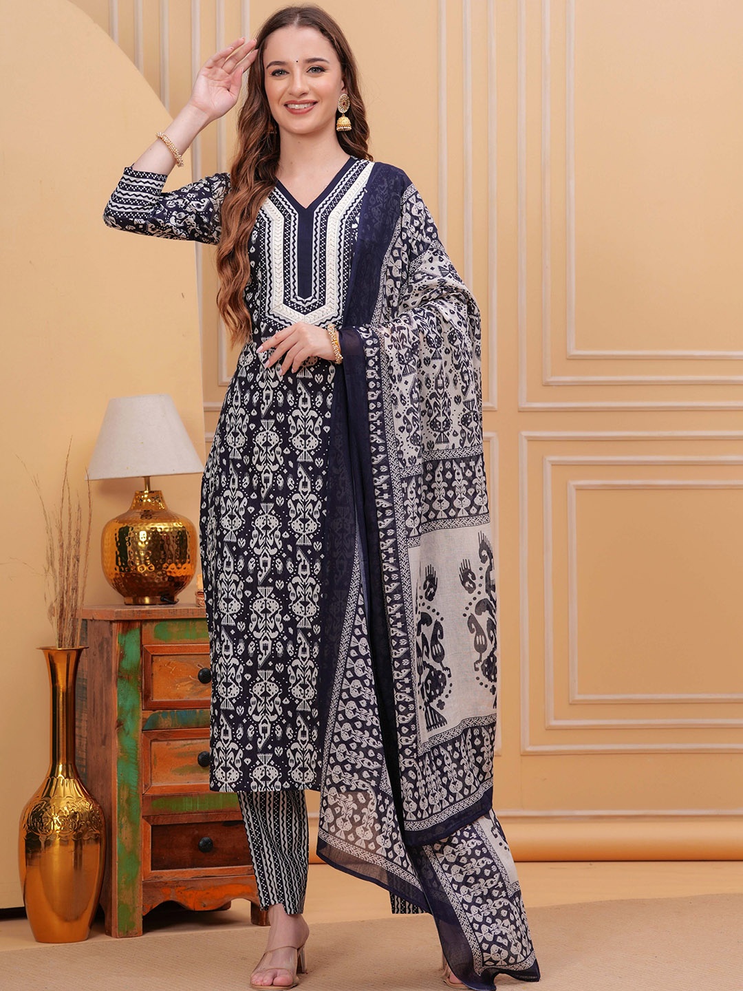 Mizaz Floral Printed Pure Cotton Straight Kurta with Trousers & With Dupatta, Navy blue
Mizaz Floral Printed Pure Cotton Straight Kurta with Trousers & With Dupatta, Navy blue