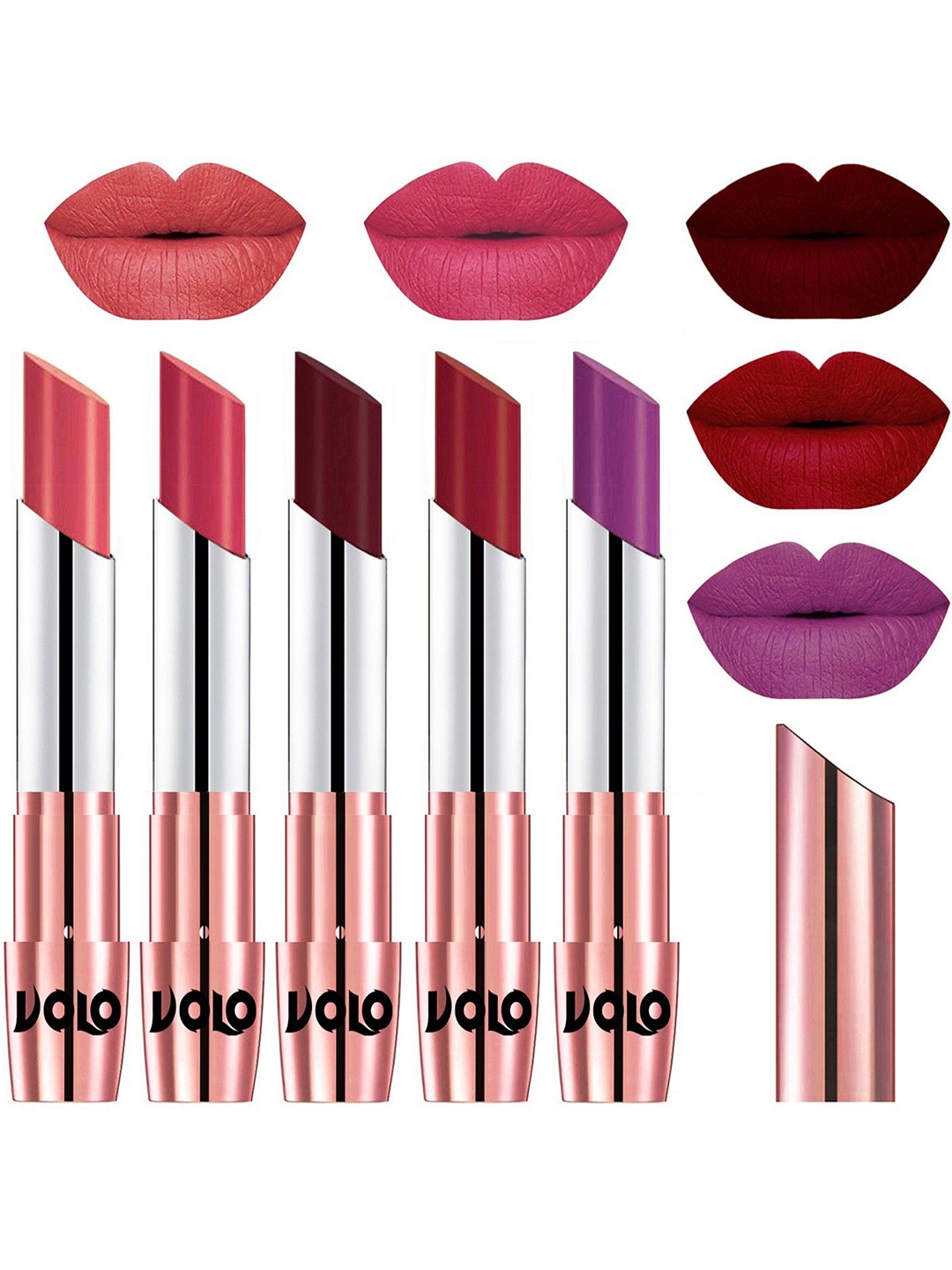 VOLO Set Of 5 Creme Matte Lipsticks - Dark Peach 37-Pink 41-Maroon 42-Red 43-Purple 48
VOLO Set Of 5 Creme Matte Lipsticks - Dark Peach 37-Pink 41-Maroon 42-Red 43-Purple 48