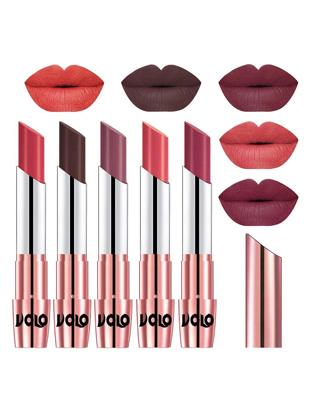 VOLO Set Of 5 Creme Matte Lipstick 3.5g Each - Peach-Chocolate-Plum-Dark Peach-Rose Pink
VOLO Set Of 5 Creme Matte Lipstick 3.5g Each - Peach-Chocolate-Plum-Dark Peach-Rose Pink