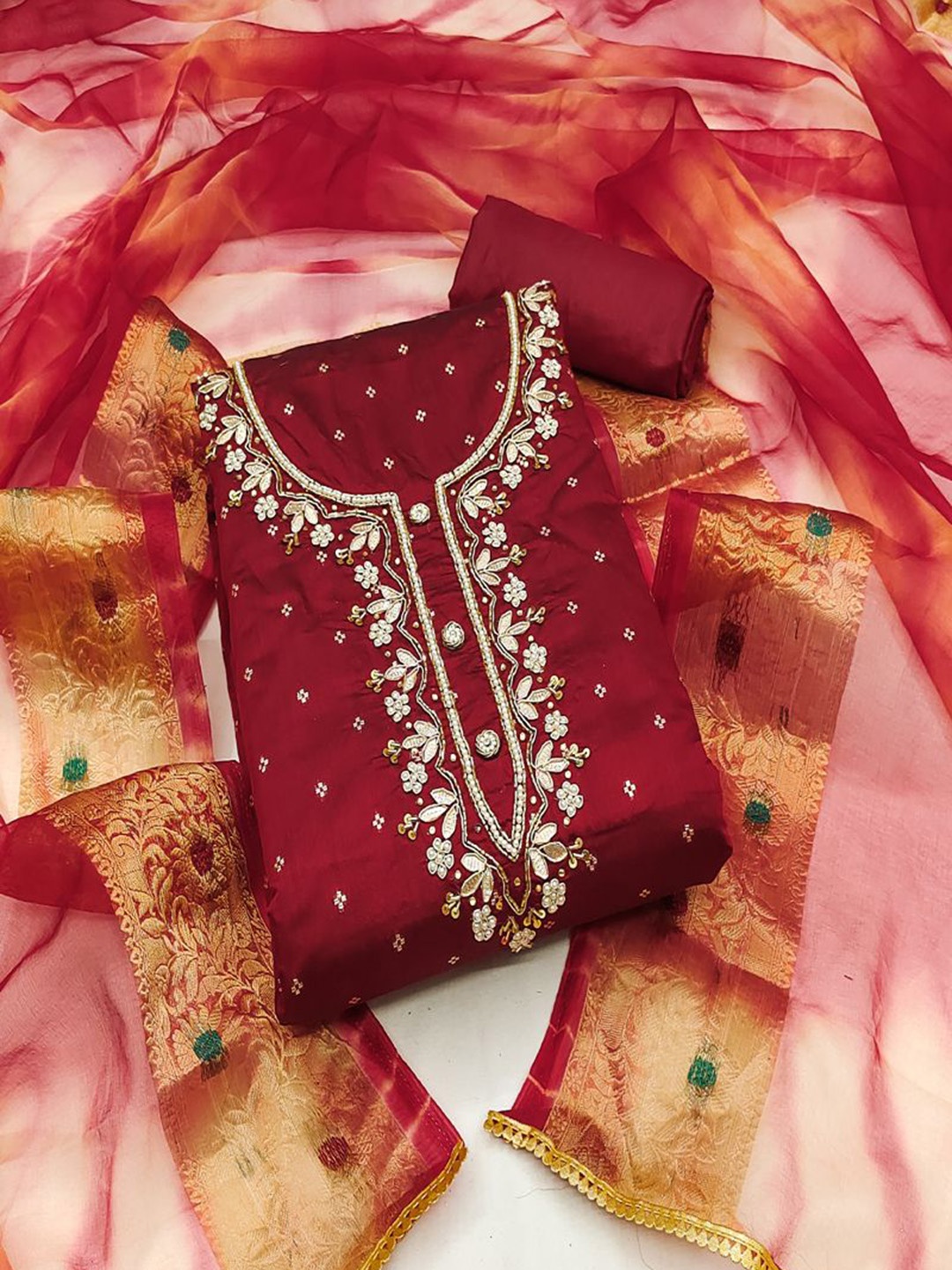 ASISA Ethnic Motifs Embroidered Beads and Stones Art Silk Unstitched Dress Material, Red
ASISA Ethnic Motifs Embroidered Beads and Stones Art Silk Unstitched Dress Material, Red