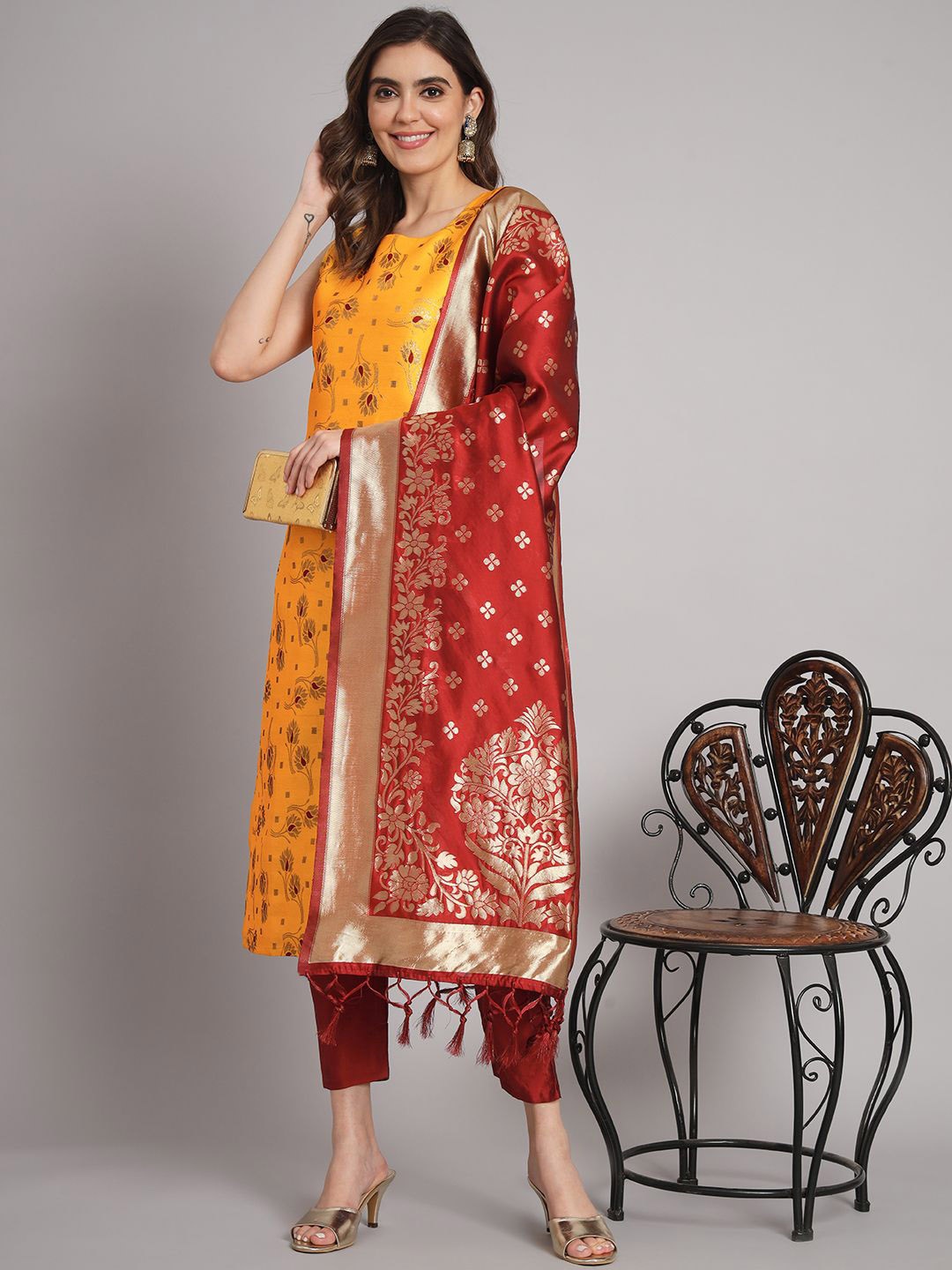 VredeVogel Ethnic Motifs Woven Design Straight Kurta & Trousers With Dupatta, Yellow
VredeVogel Ethnic Motifs Woven Design Straight Kurta & Trousers With Dupatta, Yellow