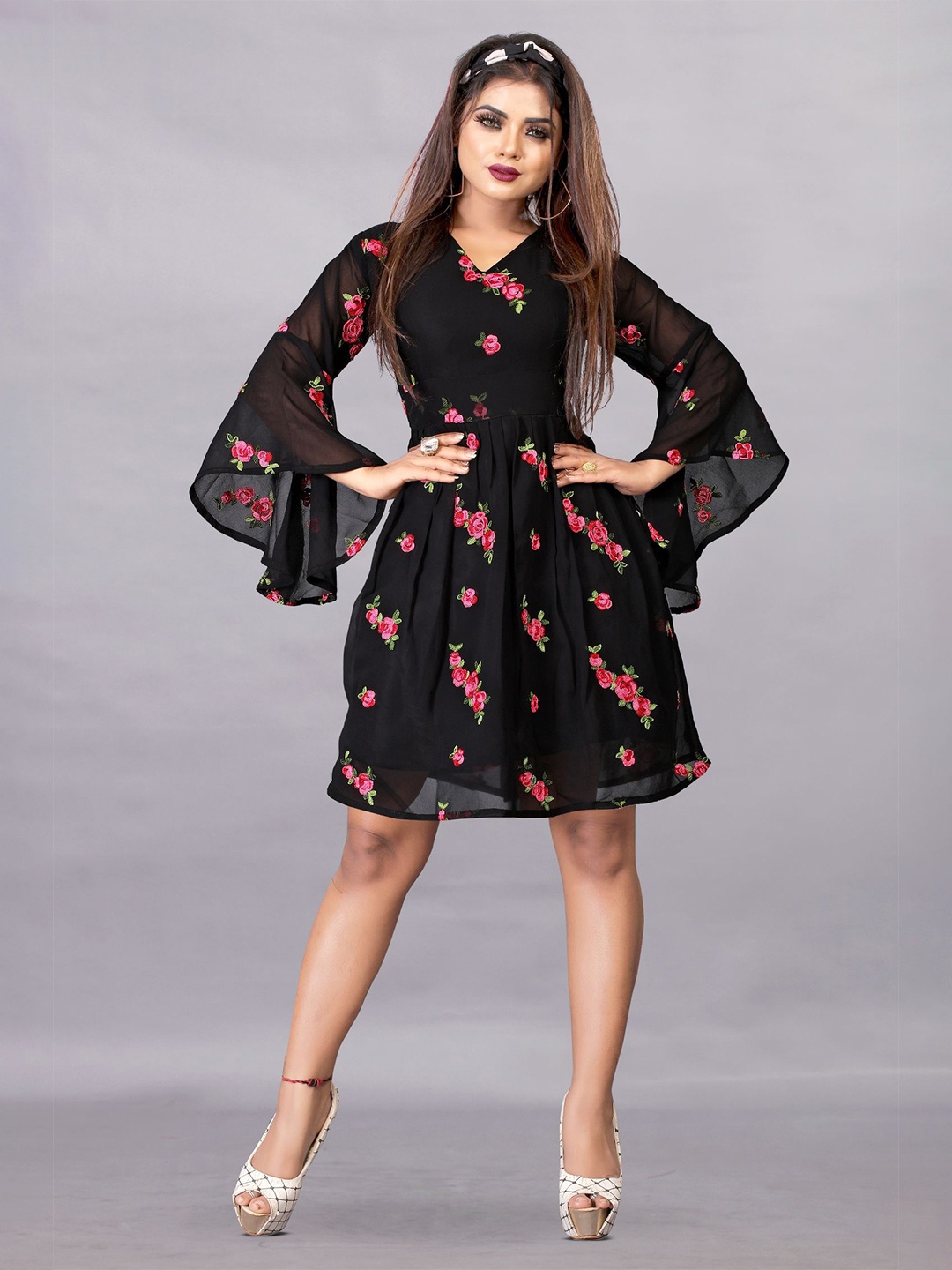 JULEE Women Floral Embroidered Bell Sleeve Georgette Fit & Flare Dress, Black
JULEE Women Floral Embroidered Bell Sleeve Georgette Fit & Flare Dress, Black