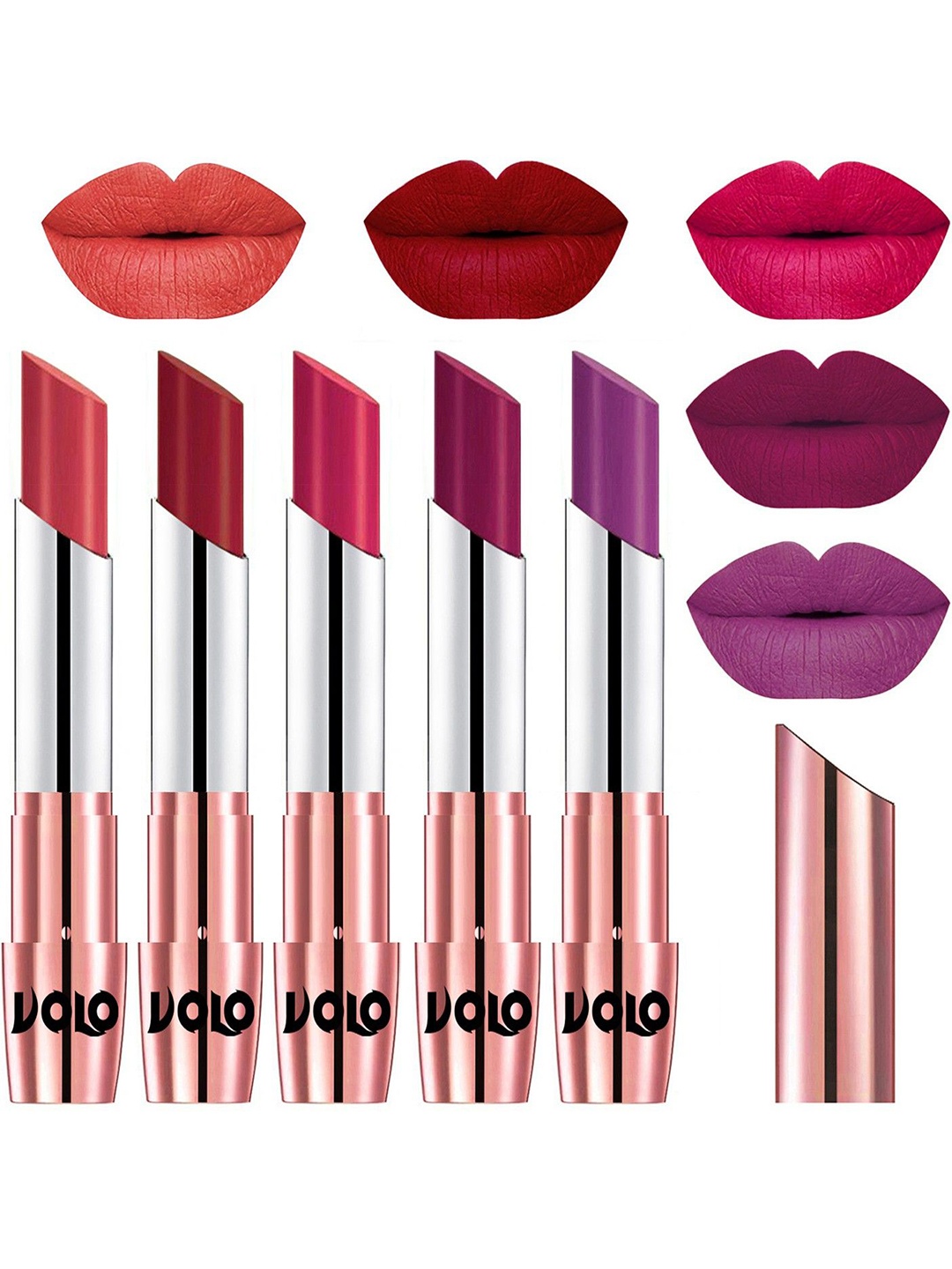 VOLO Set Of 5 Creme Matte Lipstick-Peach 33-Red 43-Passion Pink 44-Magenta 45-Purple 48
VOLO Set Of 5 Creme Matte Lipstick-Peach 33-Red 43-Passion Pink 44-Magenta 45-Purple 48
