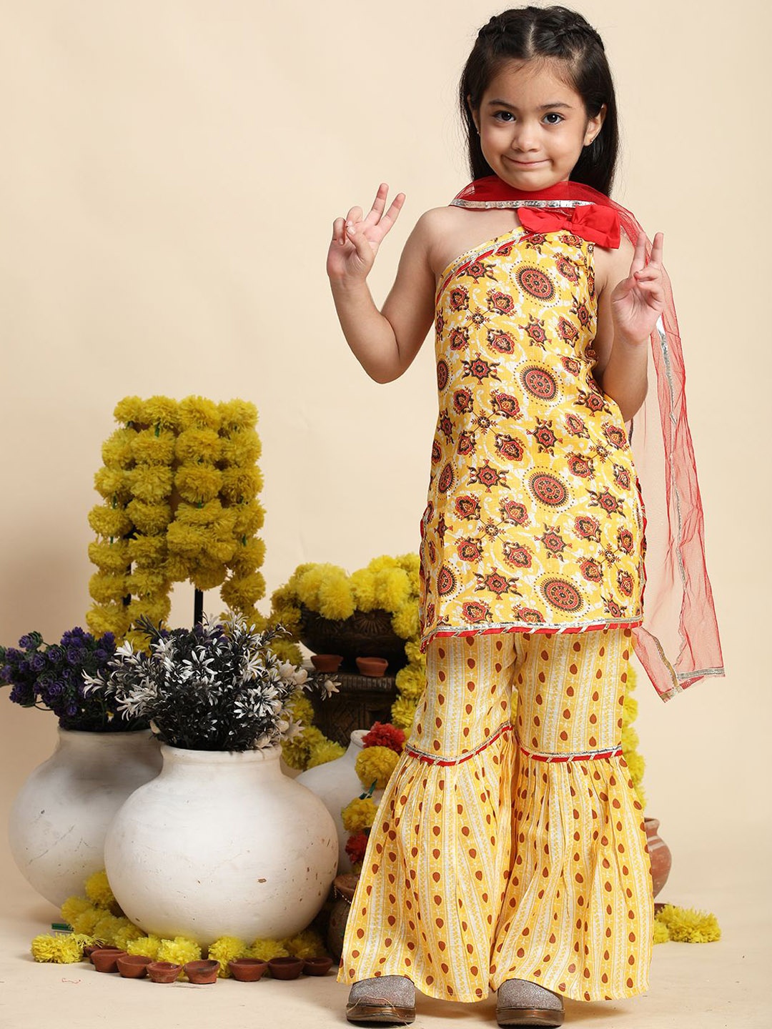 Cutiekins Girls Ethnic Motifs Printed Straight Cotton Kurta with Sharara & Dupatta, Yellow
Cutiekins Girls Ethnic Motifs Printed Straight Cotton Kurta with Sharara & Dupatta, Yellow