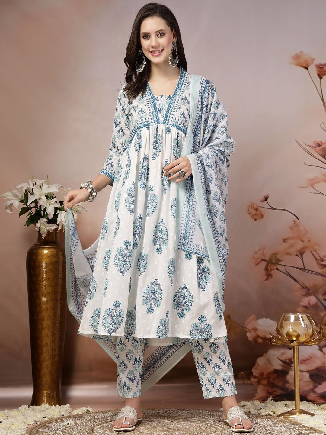 Stylum White & Blue Ethnic Motifs Printed Pure Cotton A Line Kurta & Trousers With Dupatta
Stylum White & Blue Ethnic Motifs Printed Pure Cotton A Line Kurta & Trousers With Dupatta