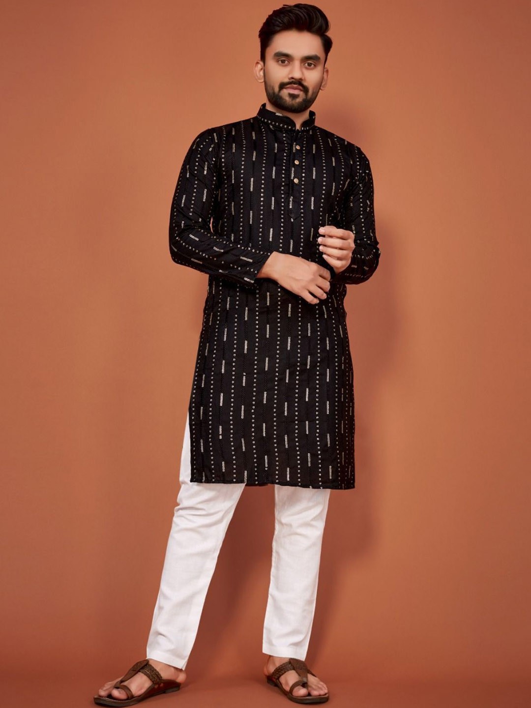 CHARLOTTE GRACIOUS Striped Embroidered Mandarin Collar Sequins Straight Kurta, Black
CHARLOTTE GRACIOUS Striped Embroidered Mandarin Collar Sequins Straight Kurta, Black
