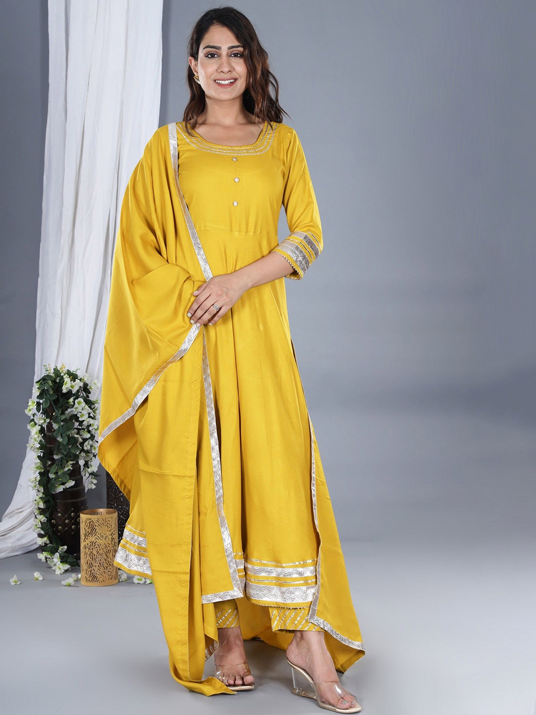 Shiv ali apparels Gotta Patti Round Neck Anarkali Kurta With Trousers & Dupatta, Mustard
Shiv ali apparels Gotta Patti Round Neck Anarkali Kurta With Trousers & Dupatta, Mustard